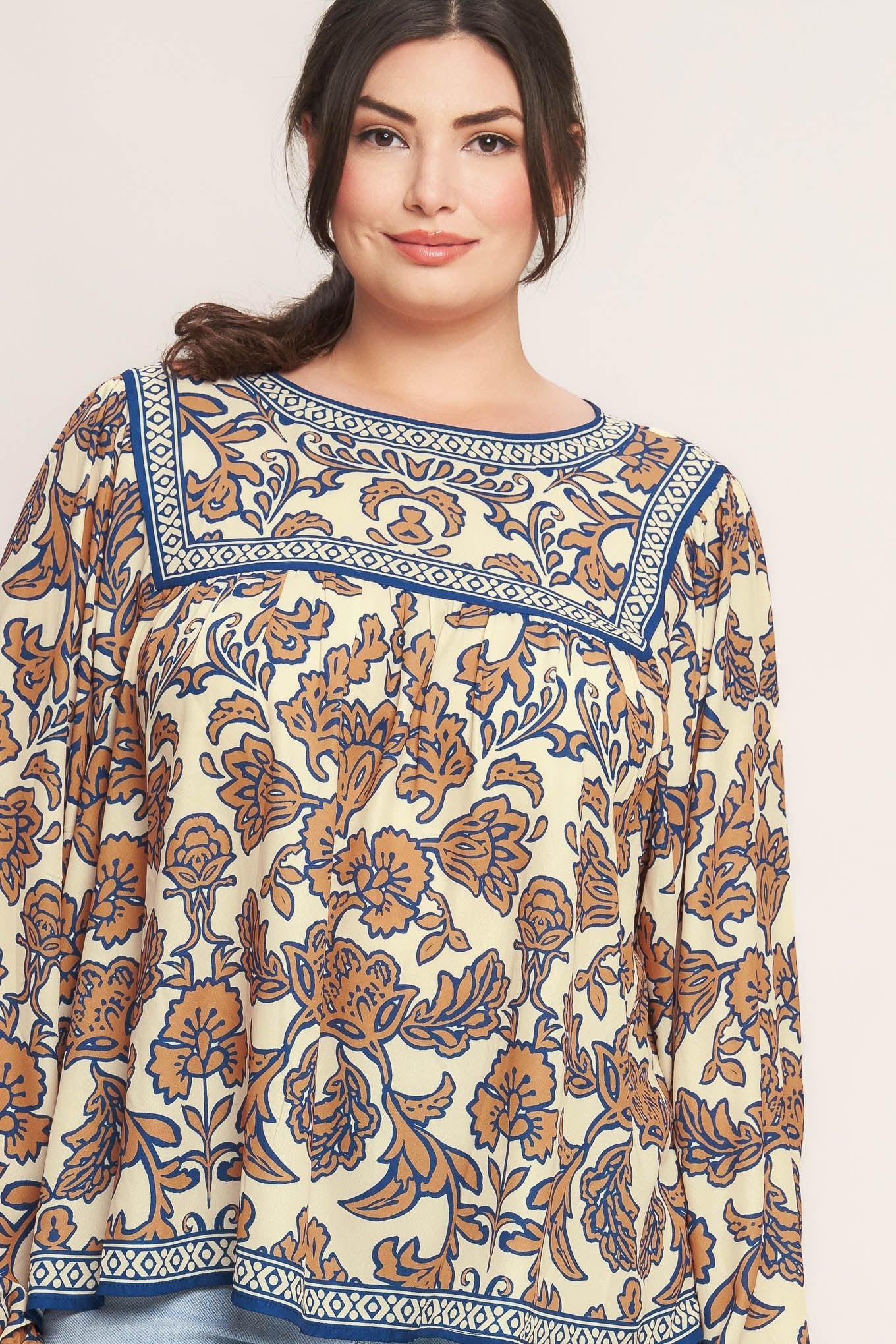 Boheme Meadow Woven Top in cream navy, view 3 — Soul Flow Apparel