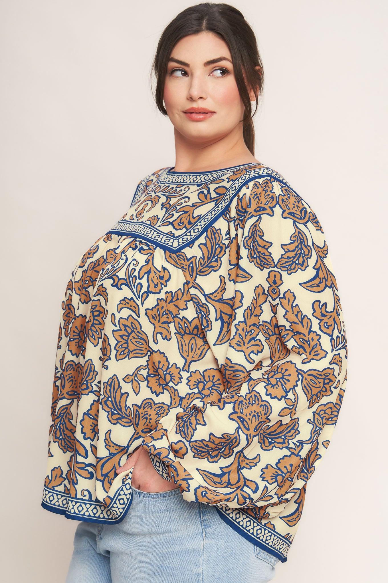 Boheme Meadow Woven Top in cream navy, view 4 — Soul Flow Apparel