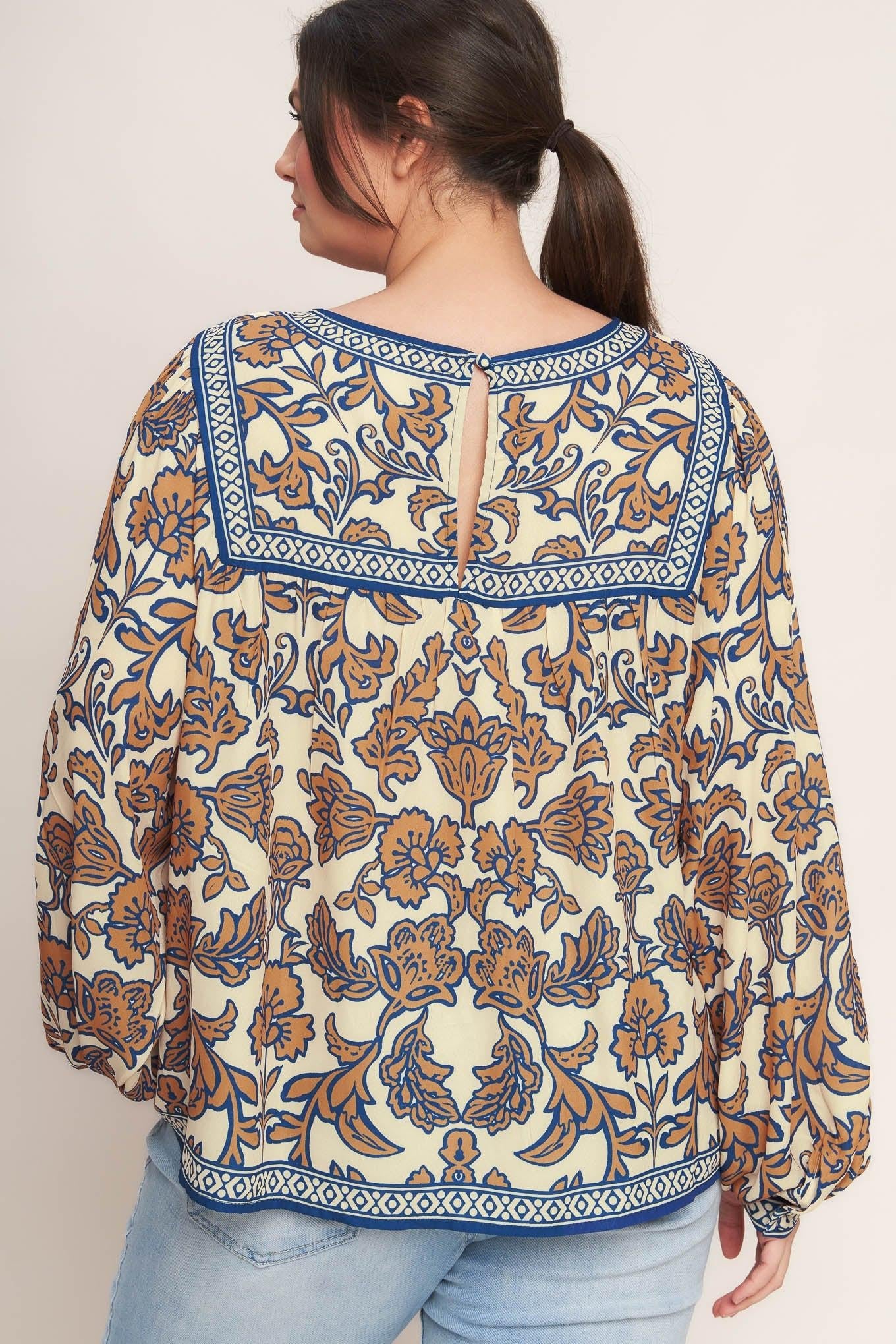 Boheme Meadow Woven Top in cream navy, view 5 — Soul Flow Apparel