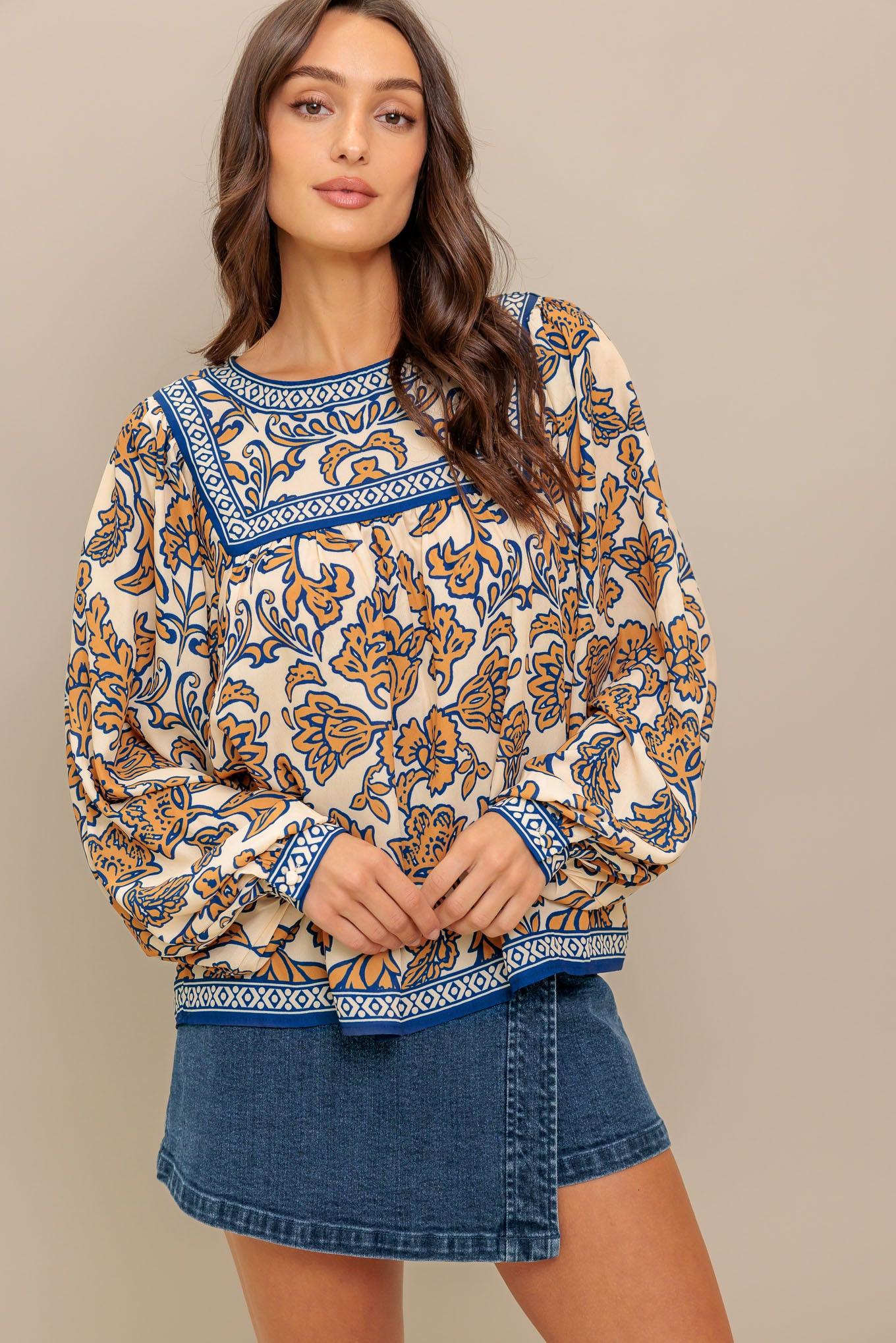 Boheme Meadow Woven Top in cream navy, view 4 — Soul Flow Apparel