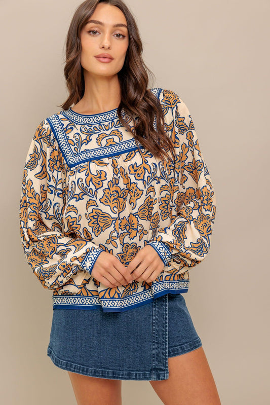 Boheme Meadow Woven Top in cream navy, view 4 — Soul Flow Apparel