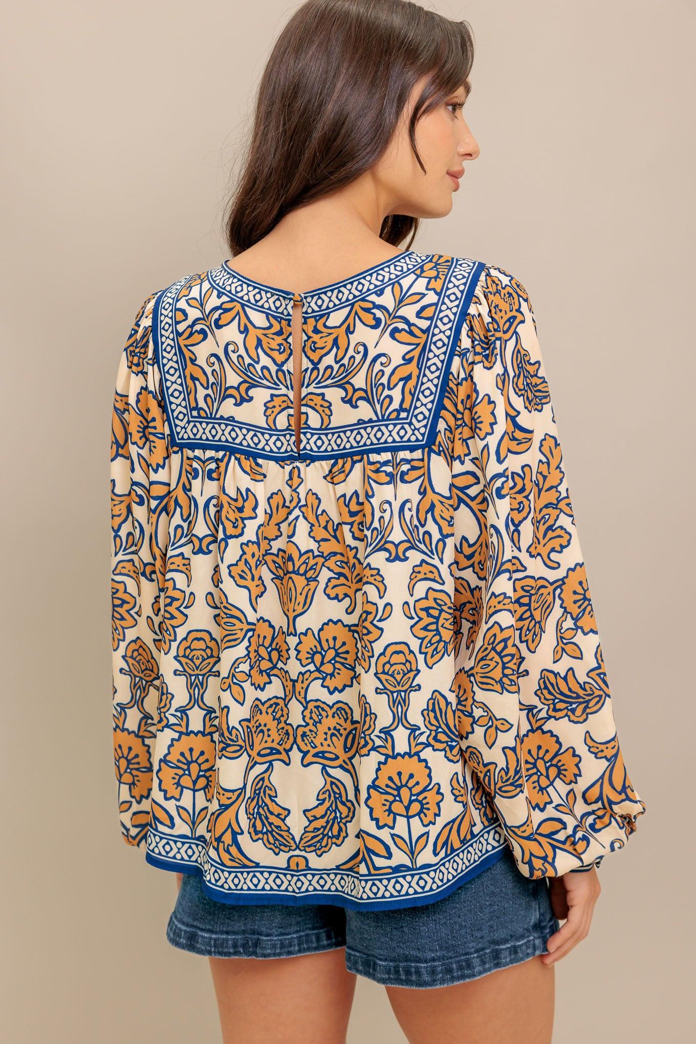 Boheme Meadow Woven Top in cream navy, view 8 — Soul Flow Apparel