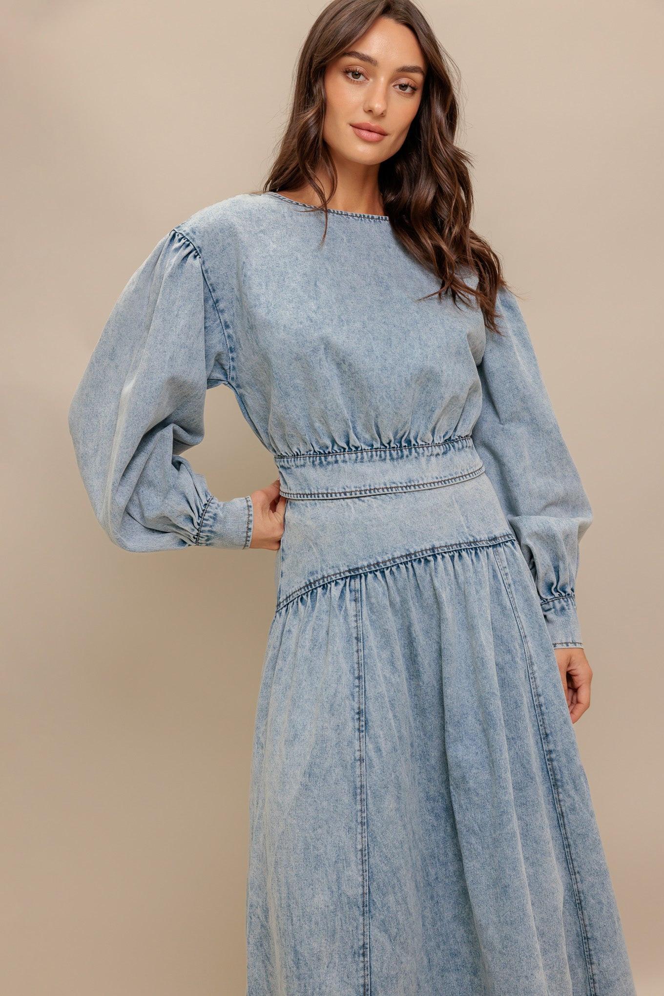 American Blend Denim Top in light indigo, view 1 — Soul Flow Apparel