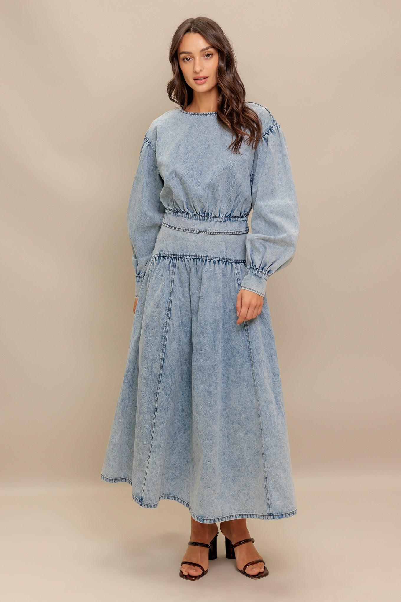 American Blend Denim Top in light indigo, view 2 — Soul Flow Apparel