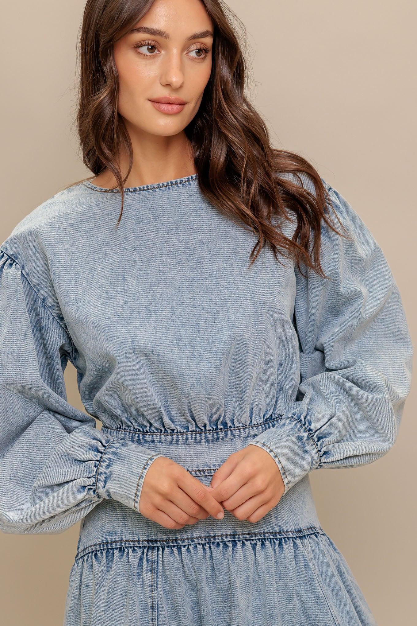American Blend Denim Top in light indigo, view 3 — Soul Flow Apparel