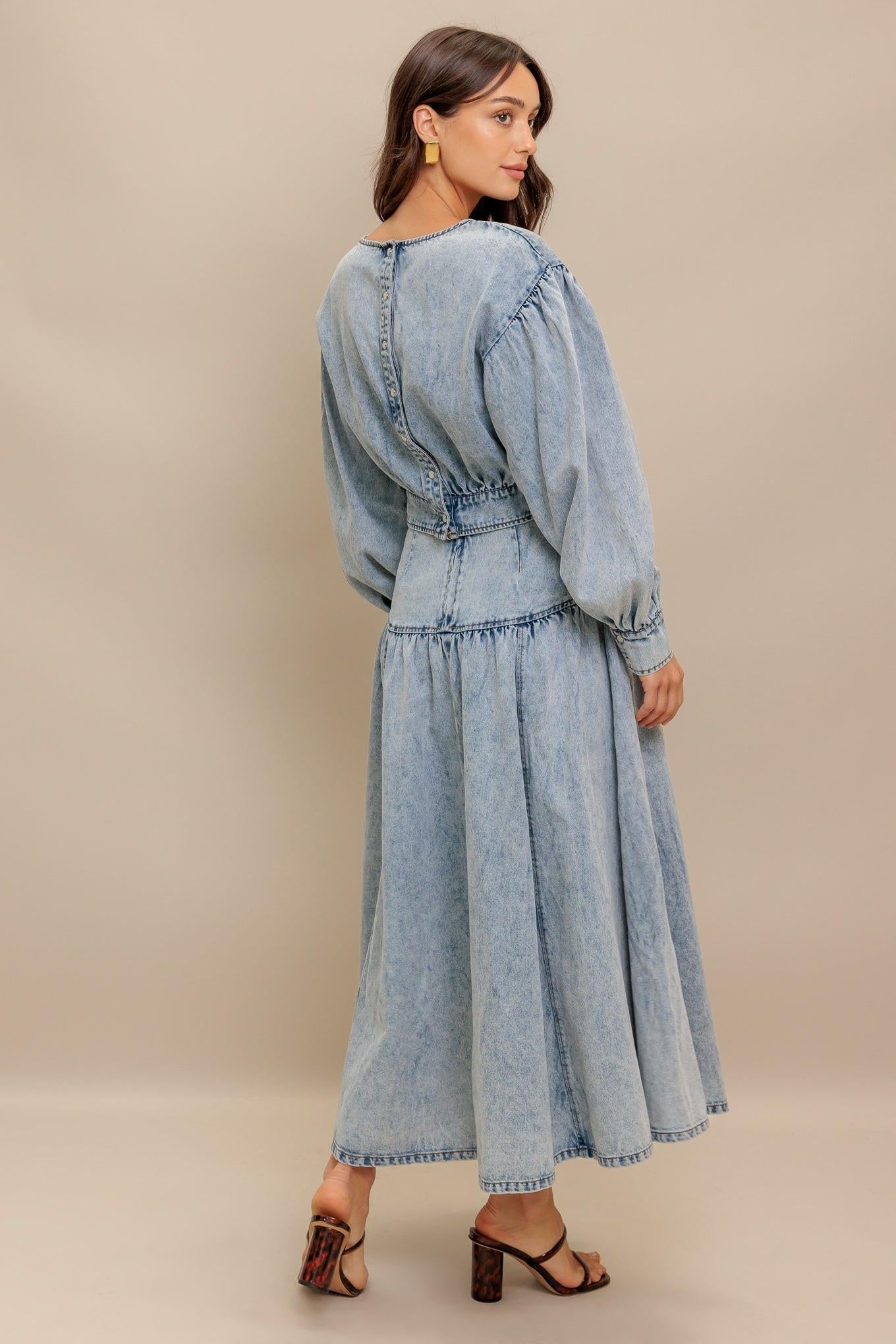 American Blend Denim Top in light indigo, view 6 — Soul Flow Apparel