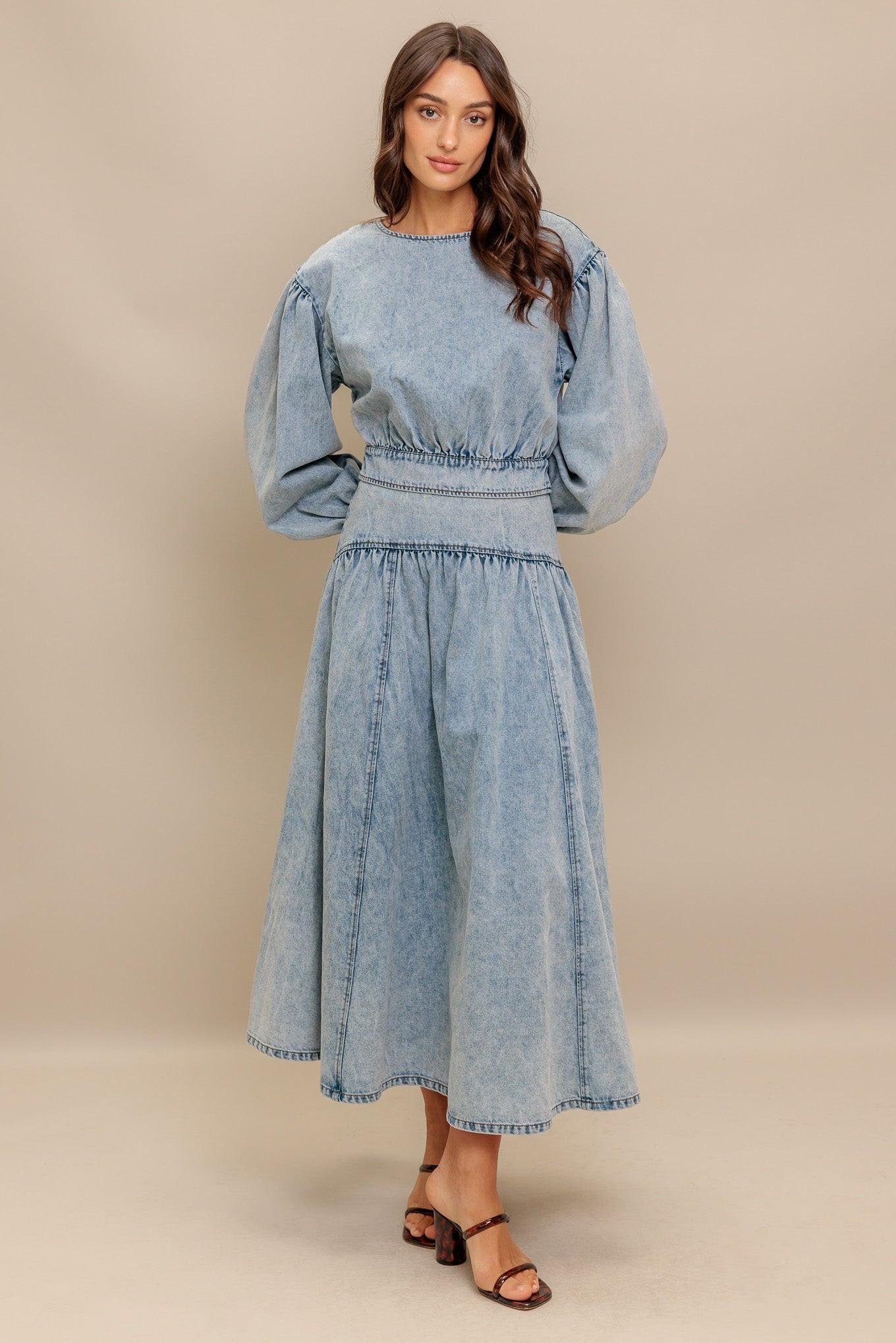American Blend Denim Top in light indigo, view 7 — Soul Flow Apparel