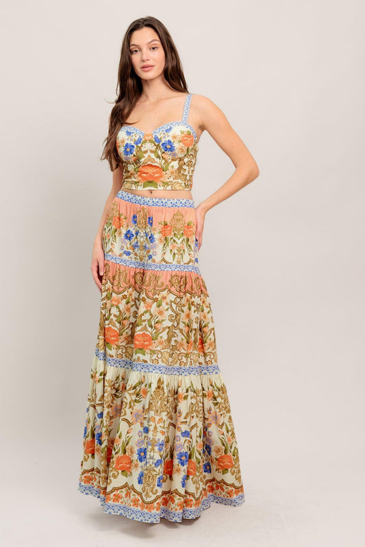 Sweet Meadow Memories Woven Top and Skirt Set in cream multi, view 1 — Soul Flow Apparel