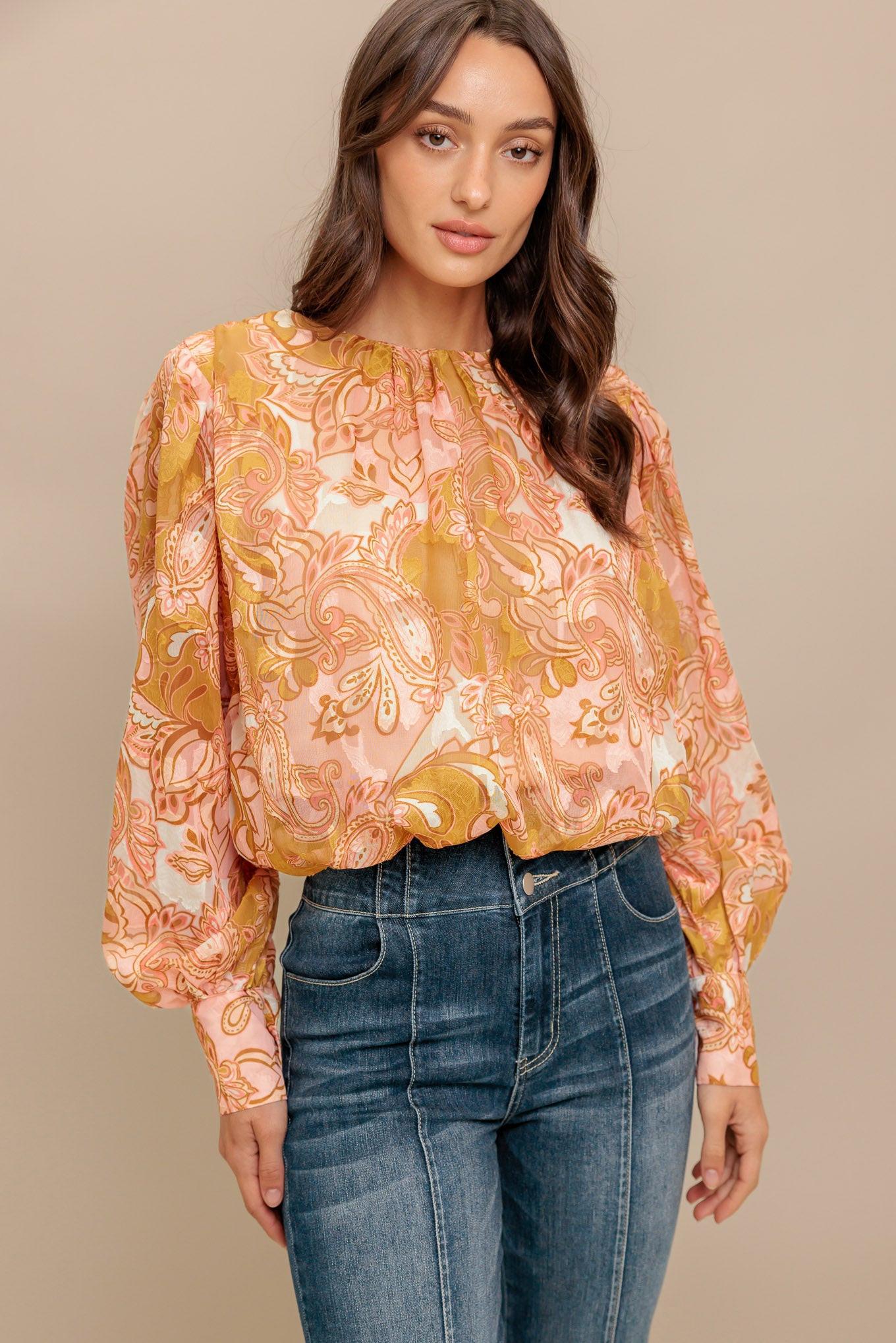 Paisley Breeze Woven Jacquard Top in camel, view 1 — Soul Flow Apparel
