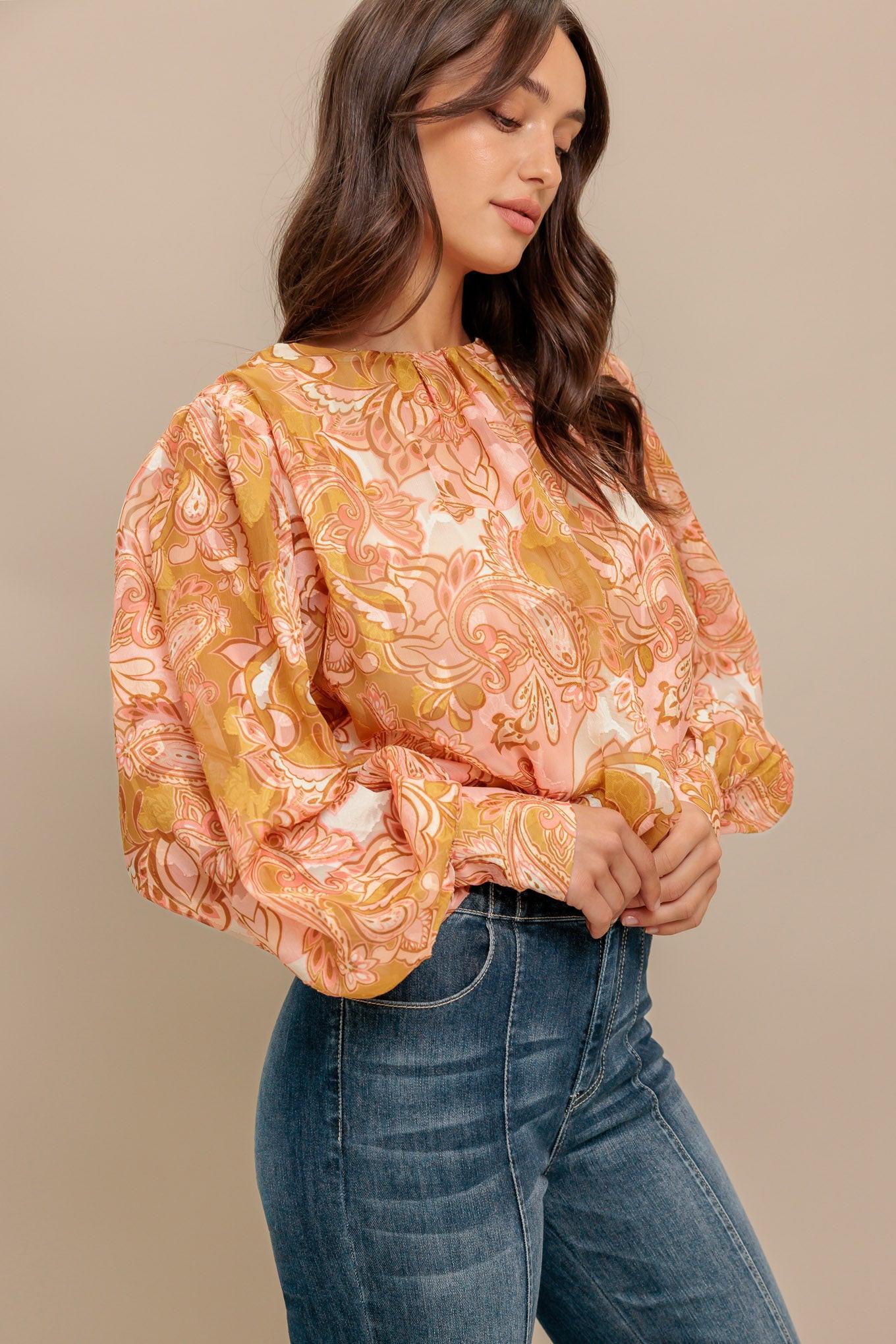 Paisley Breeze Woven Jacquard Top in camel, view 2 — Soul Flow Apparel