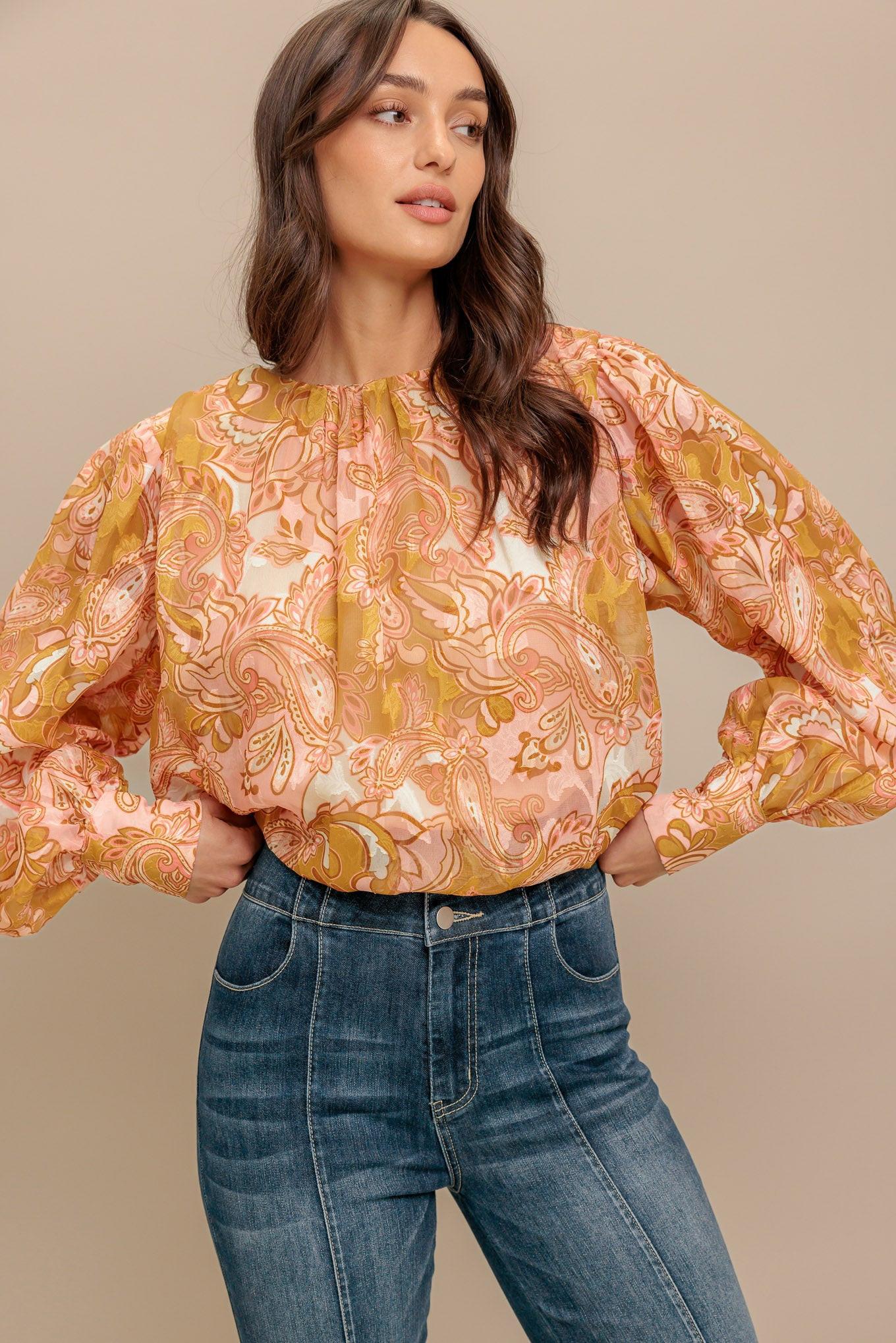 Paisley Breeze Woven Jacquard Top in camel, view 3 — Soul Flow Apparel
