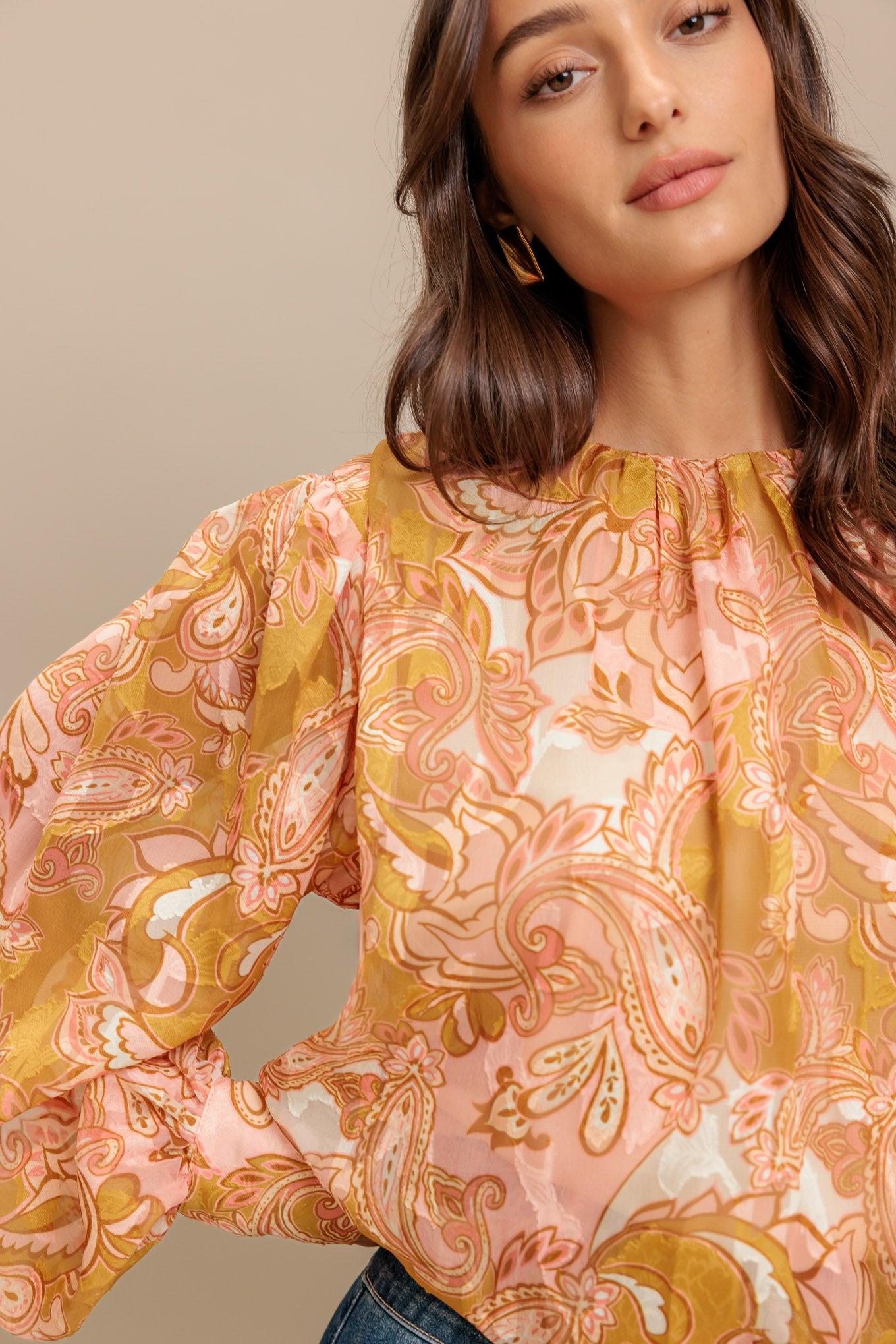 Paisley Breeze Woven Jacquard Top in camel, view 4 — Soul Flow Apparel