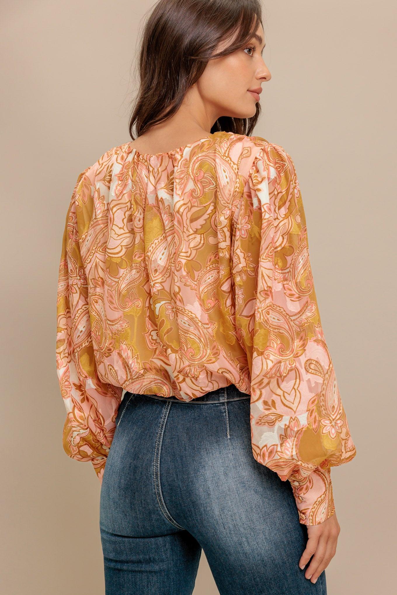 Paisley Breeze Woven Jacquard Top in camel, view 6 — Soul Flow Apparel