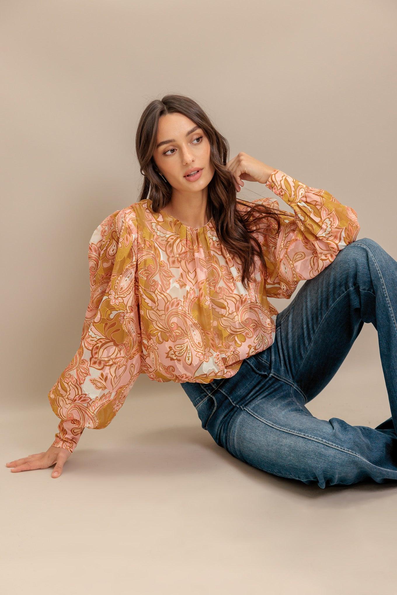 Paisley Breeze Woven Jacquard Top in camel, view 7 — Soul Flow Apparel