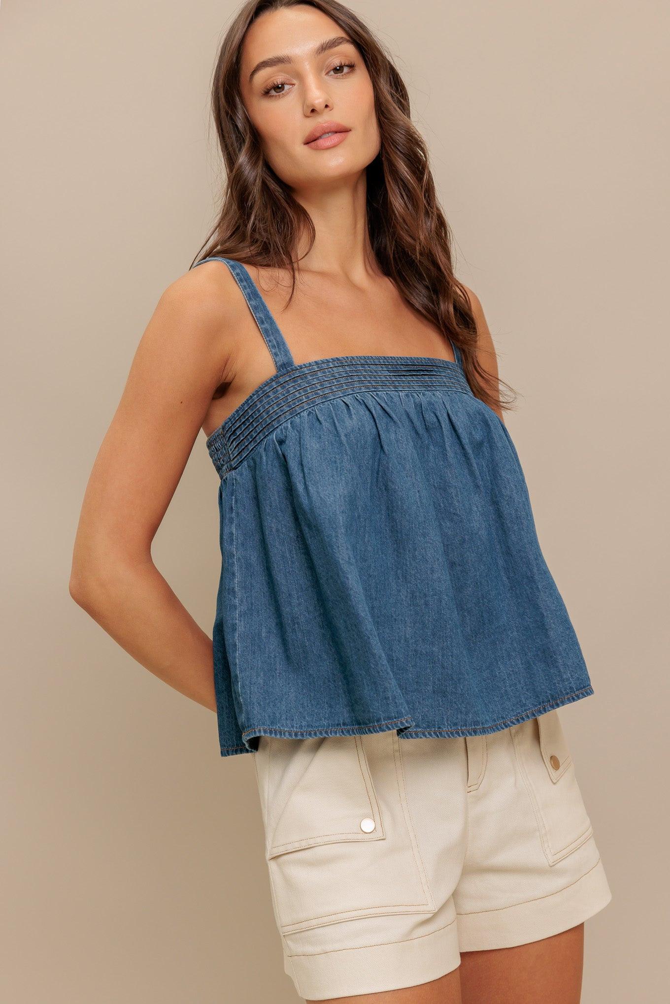 Urban Serenity Denim Top in medium indigo, view 4 — Soul Flow Apparel