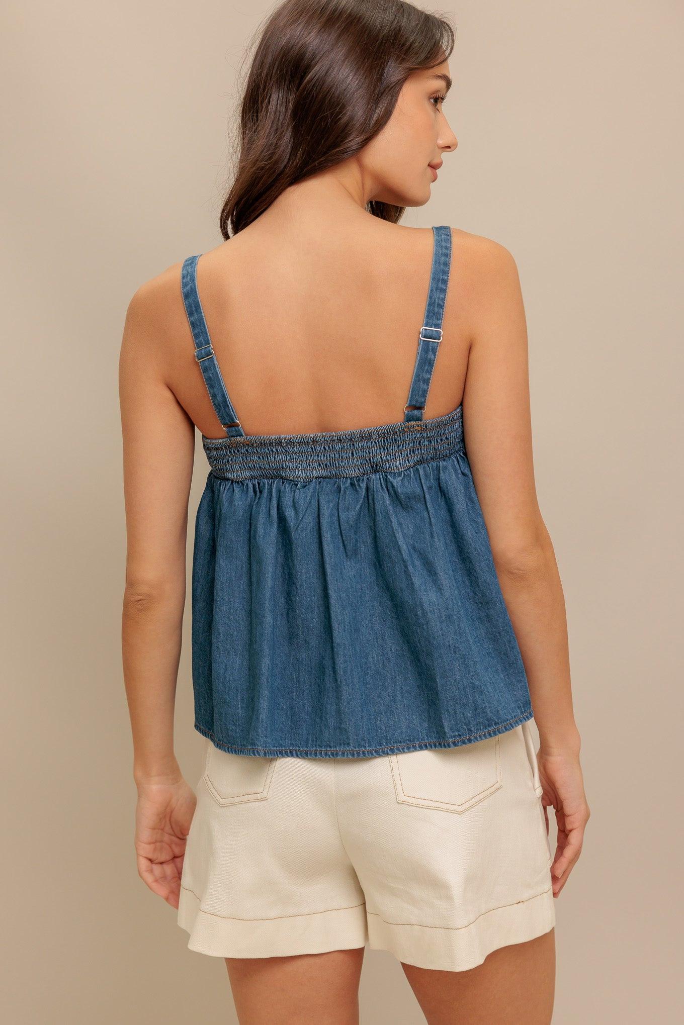 Urban Serenity Denim Top in medium indigo, view 7 — Soul Flow Apparel