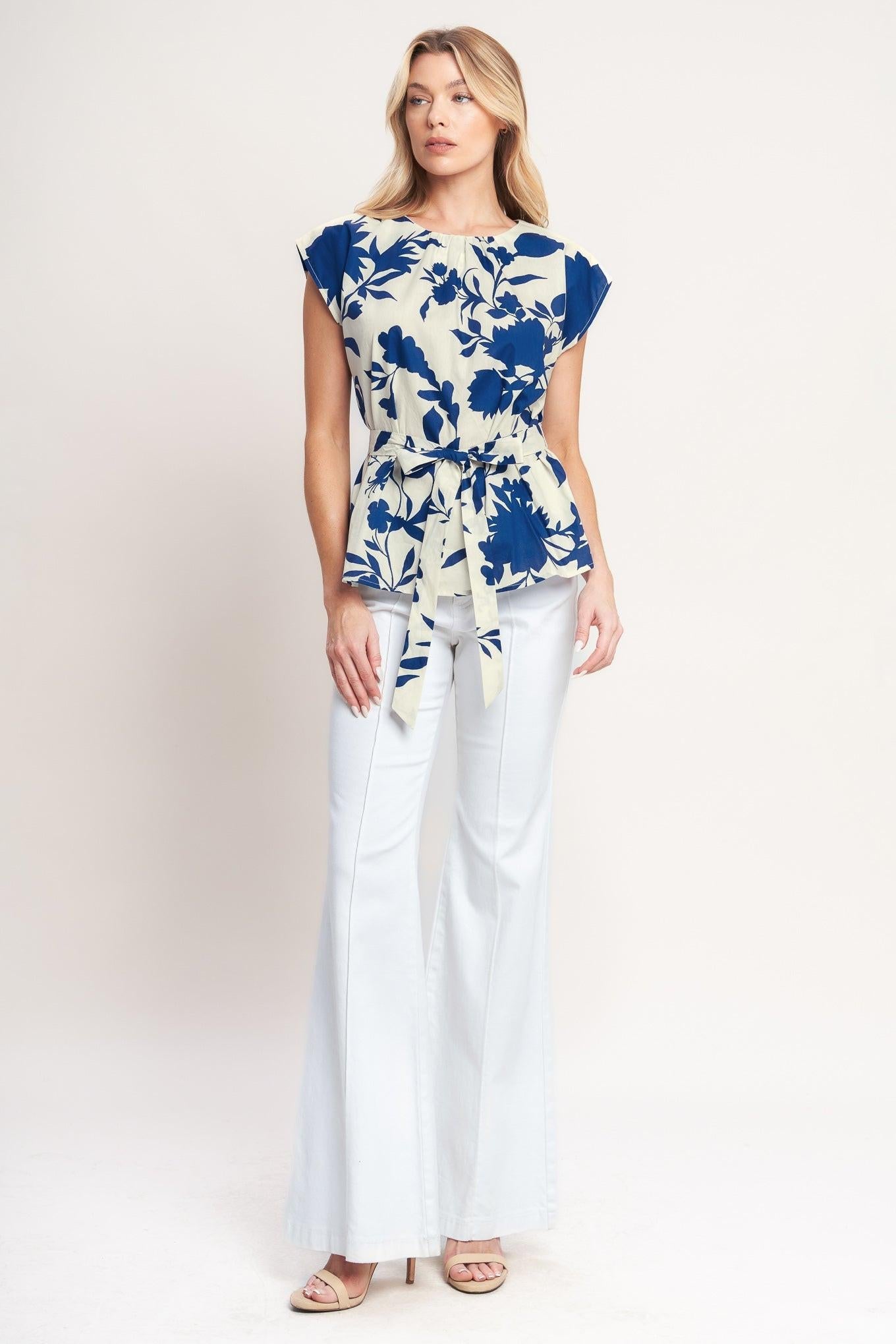 Love Grows Here Woven Top in off-white blue, view 2 — Soul Flow Apparel