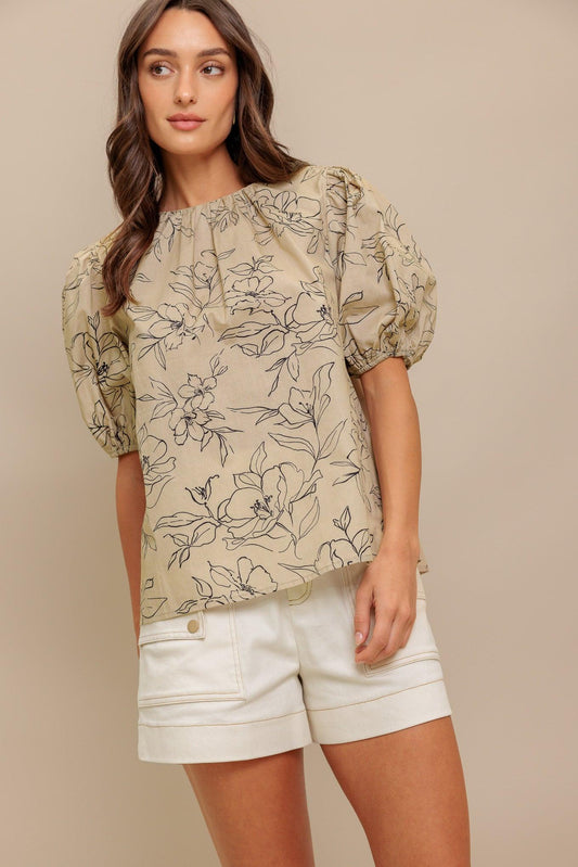 Botanical Luxe Woven Top in taupe, view 1 — Soul Flow Apparel