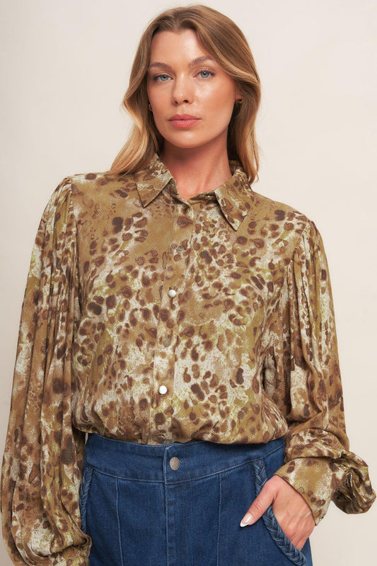 Wild Luxe Taupe Woven Top in brown, view 5 — Soul Flow Apparel