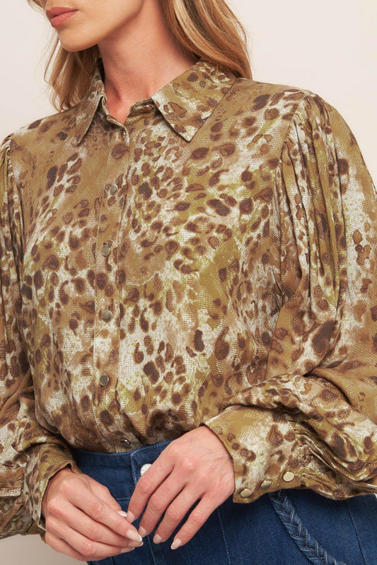 Wild Luxe Taupe Woven Top in brown, view 6 — Soul Flow Apparel