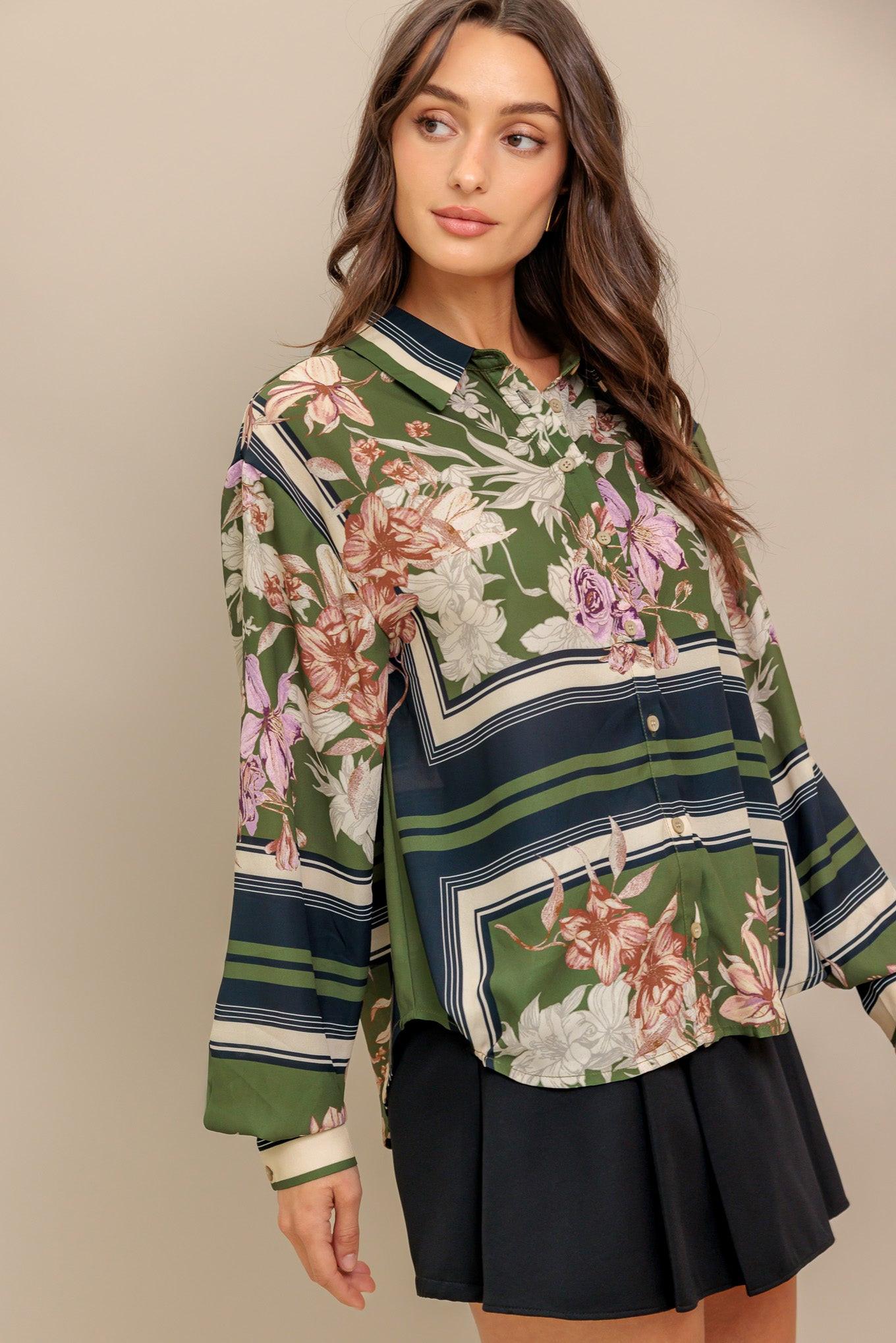Garden Club Woven Top in olive, view 2 — Soul Flow Apparel