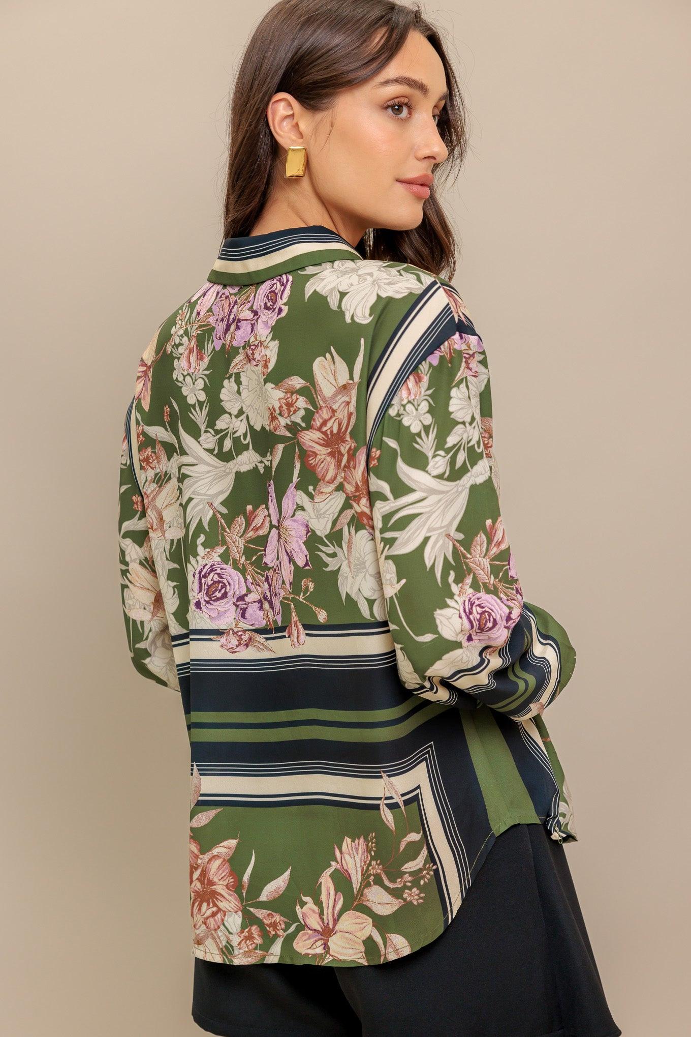Garden Club Woven Top in olive, view 3 — Soul Flow Apparel