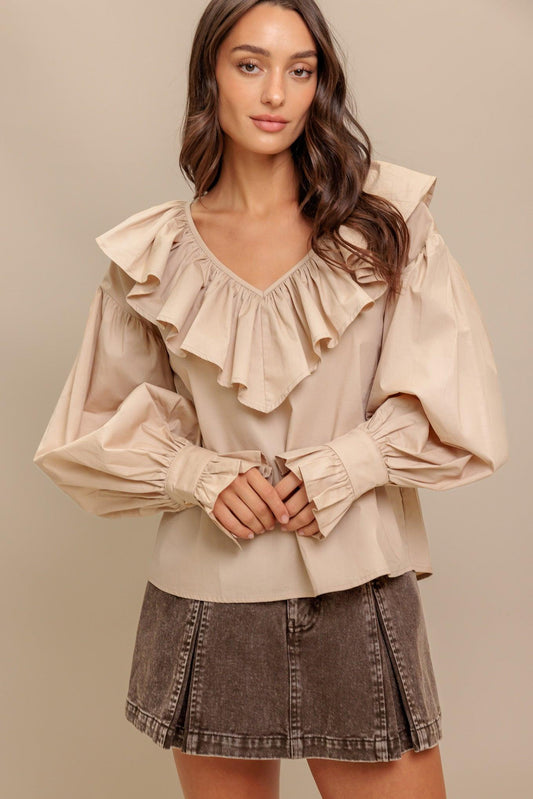 Couture Code Woven Top in taupe, view 1 — Soul Flow Apparel