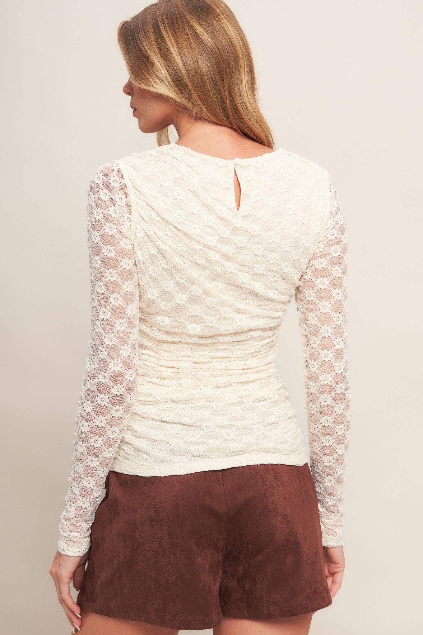 Modern Function Stretch Knit Lace Top in cream, view 3 — Soul Flow Apparel
