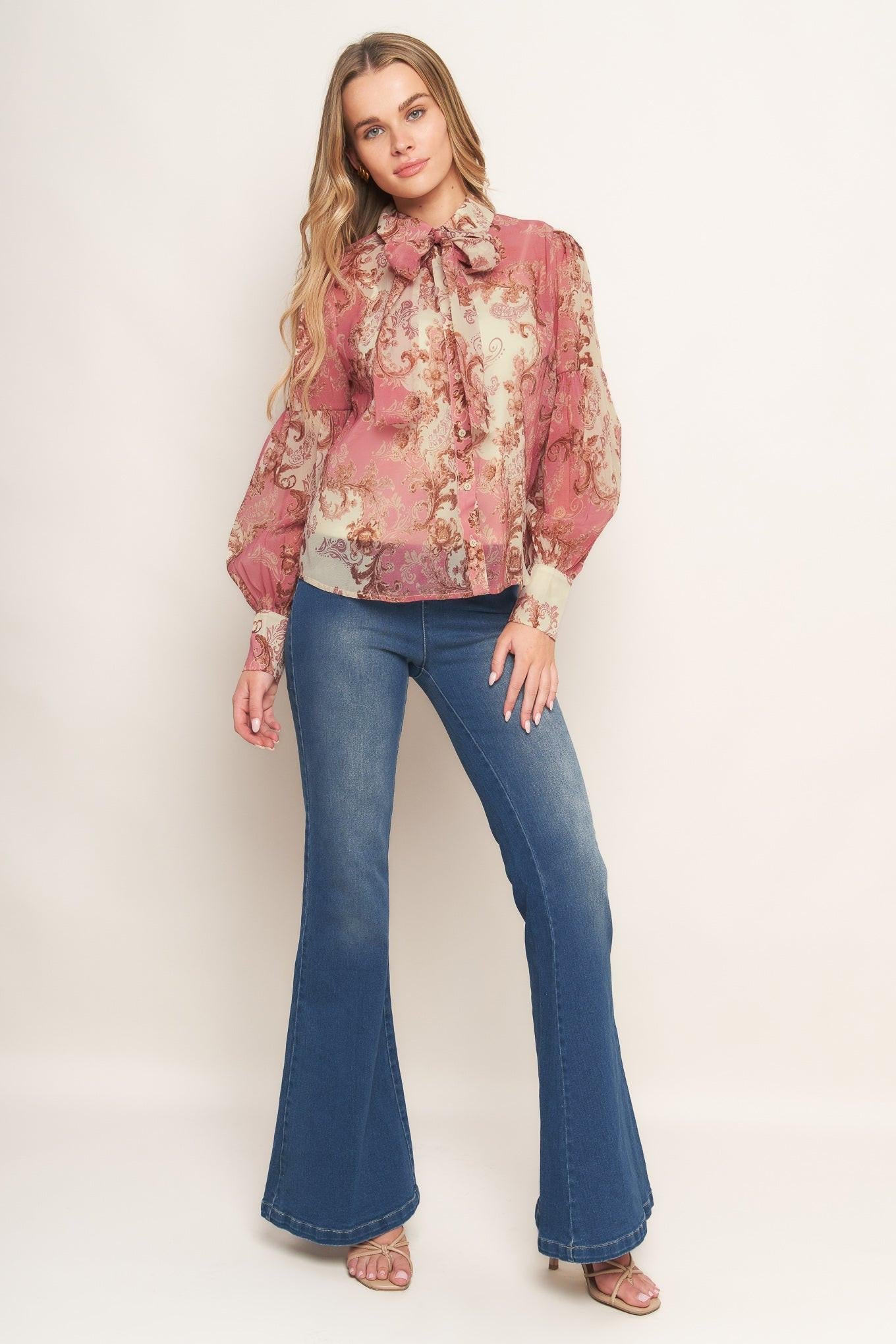 Rococo Rose Woven Top in ivory pink, view 1 — Soul Flow Apparel