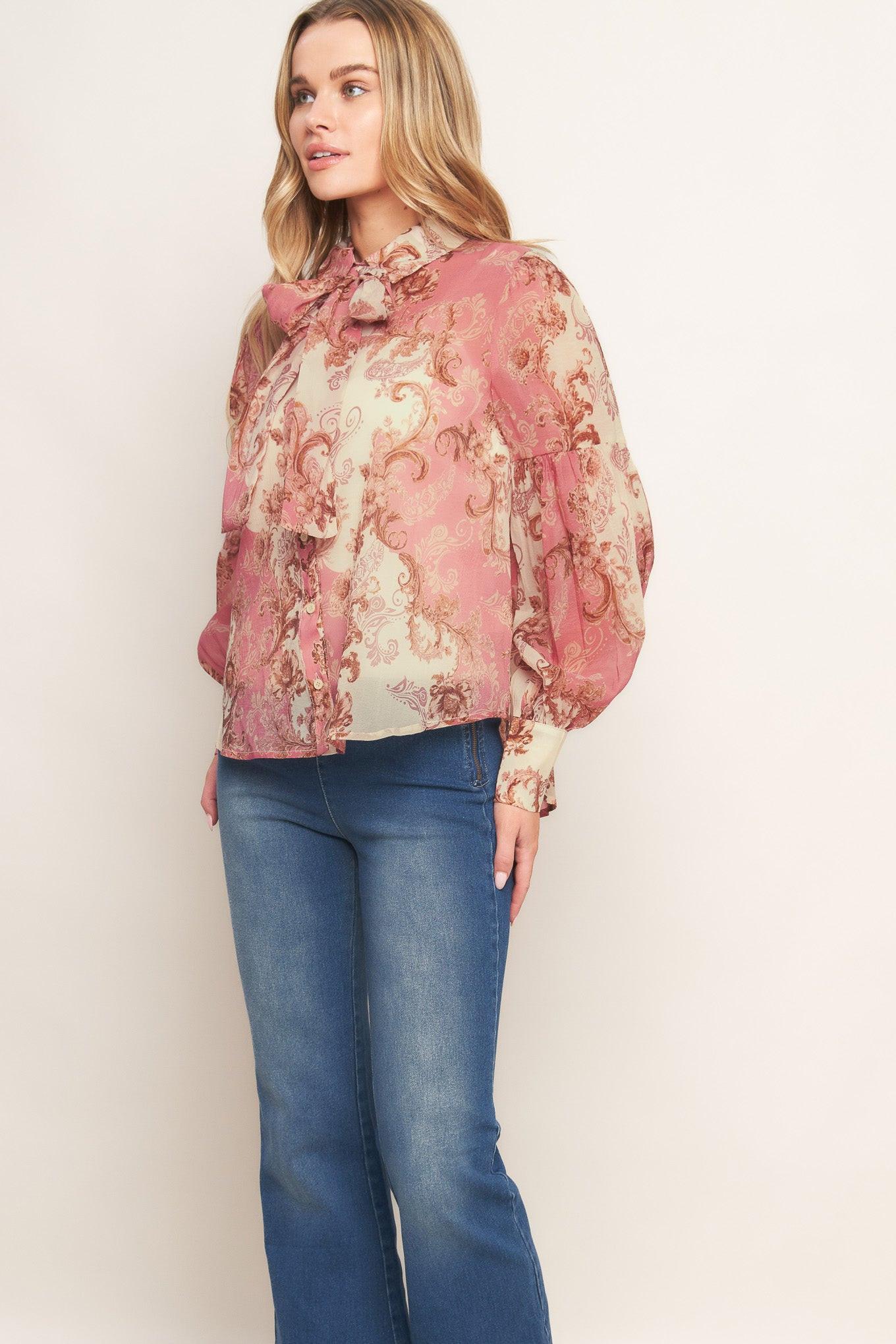 Rococo Rose Woven Top in ivory pink, view 2 — Soul Flow Apparel