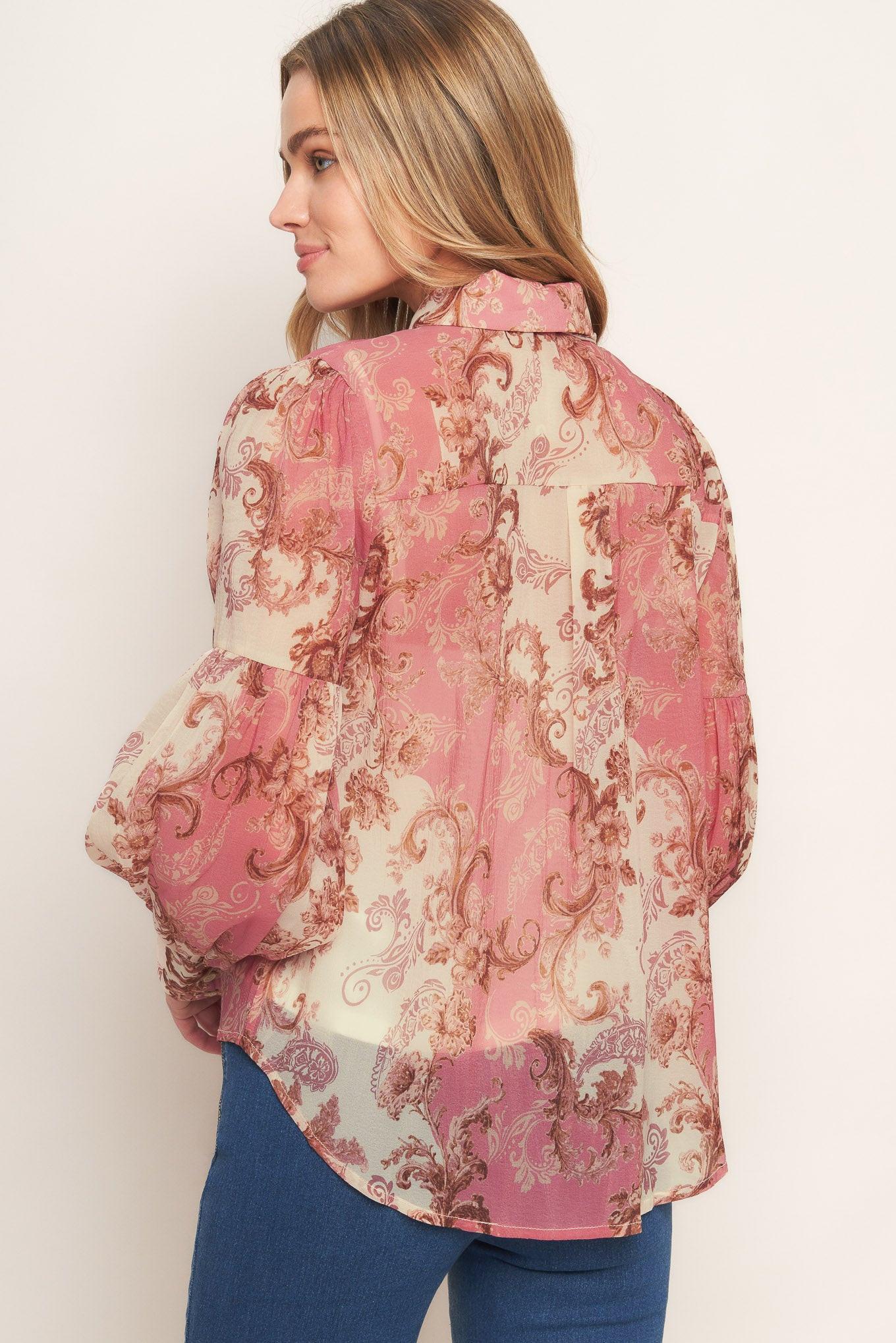 Rococo Rose Woven Top in ivory pink, view 3 — Soul Flow Apparel