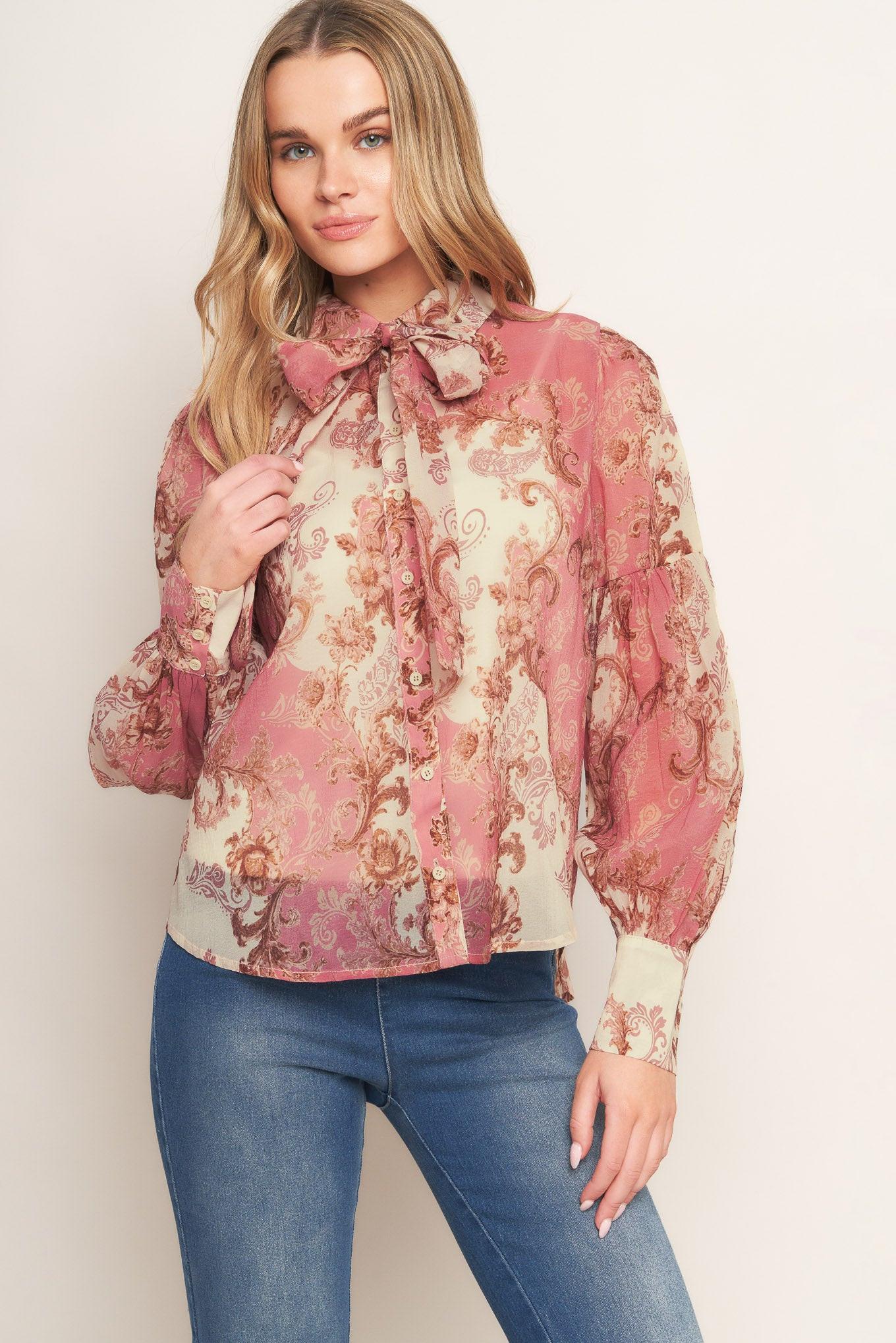 Rococo Rose Woven Top in ivory pink, view 4 — Soul Flow Apparel