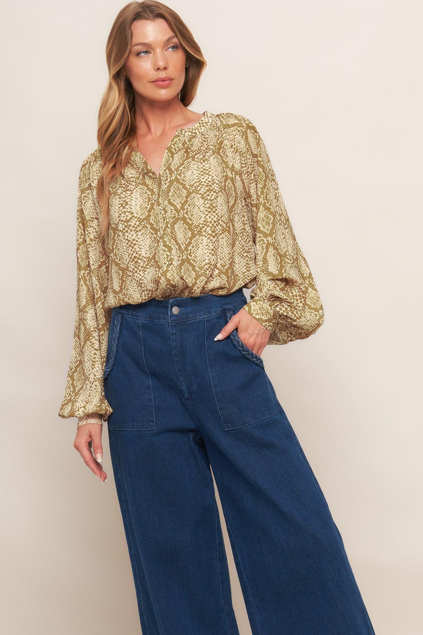 Retro Chic Taupe Woven Top, view 5 — Soul Flow Apparel