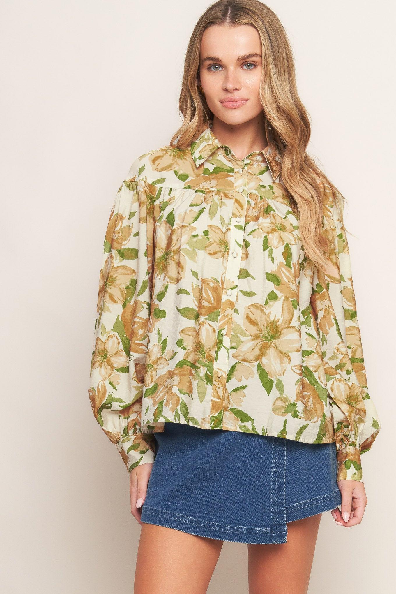 Wildflower Breeze Woven Top in cream, view 1 — Soul Flow Apparel