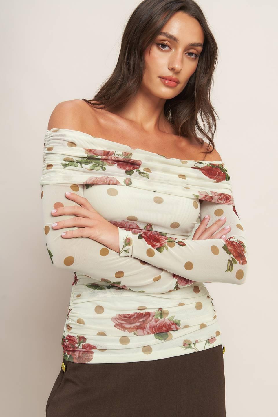 Cream & Bloom Delight Power Mesh Top in ivory, view 2 — Soul Flow Apparel