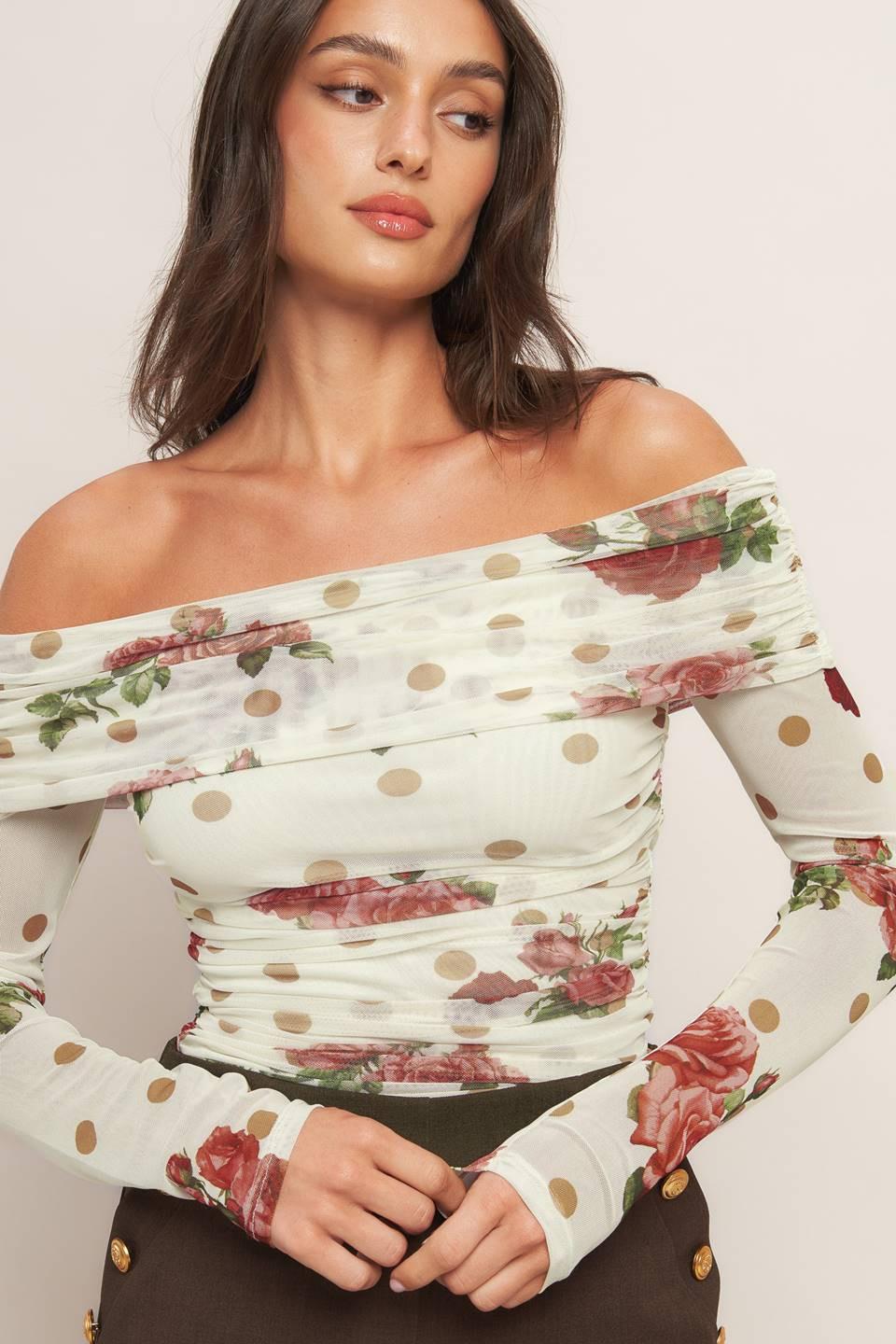 Cream & Bloom Delight Power Mesh Top in ivory, view 3 — Soul Flow Apparel