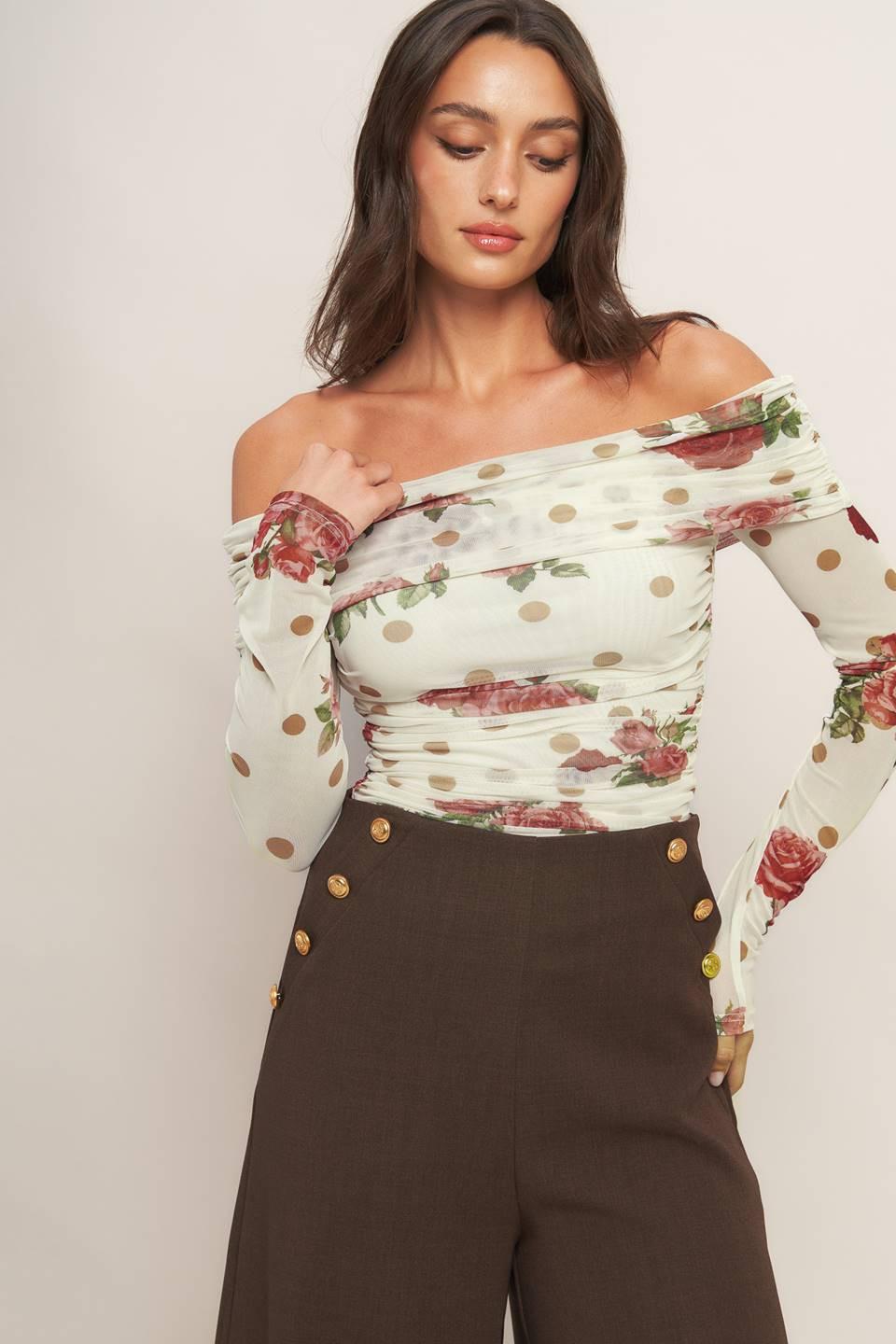 Cream & Bloom Delight Power Mesh Top in ivory, view 4 — Soul Flow Apparel
