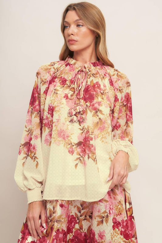 Blossom Dream Ballerina Woven Top in ivory, view 2 — Soul Flow Apparel