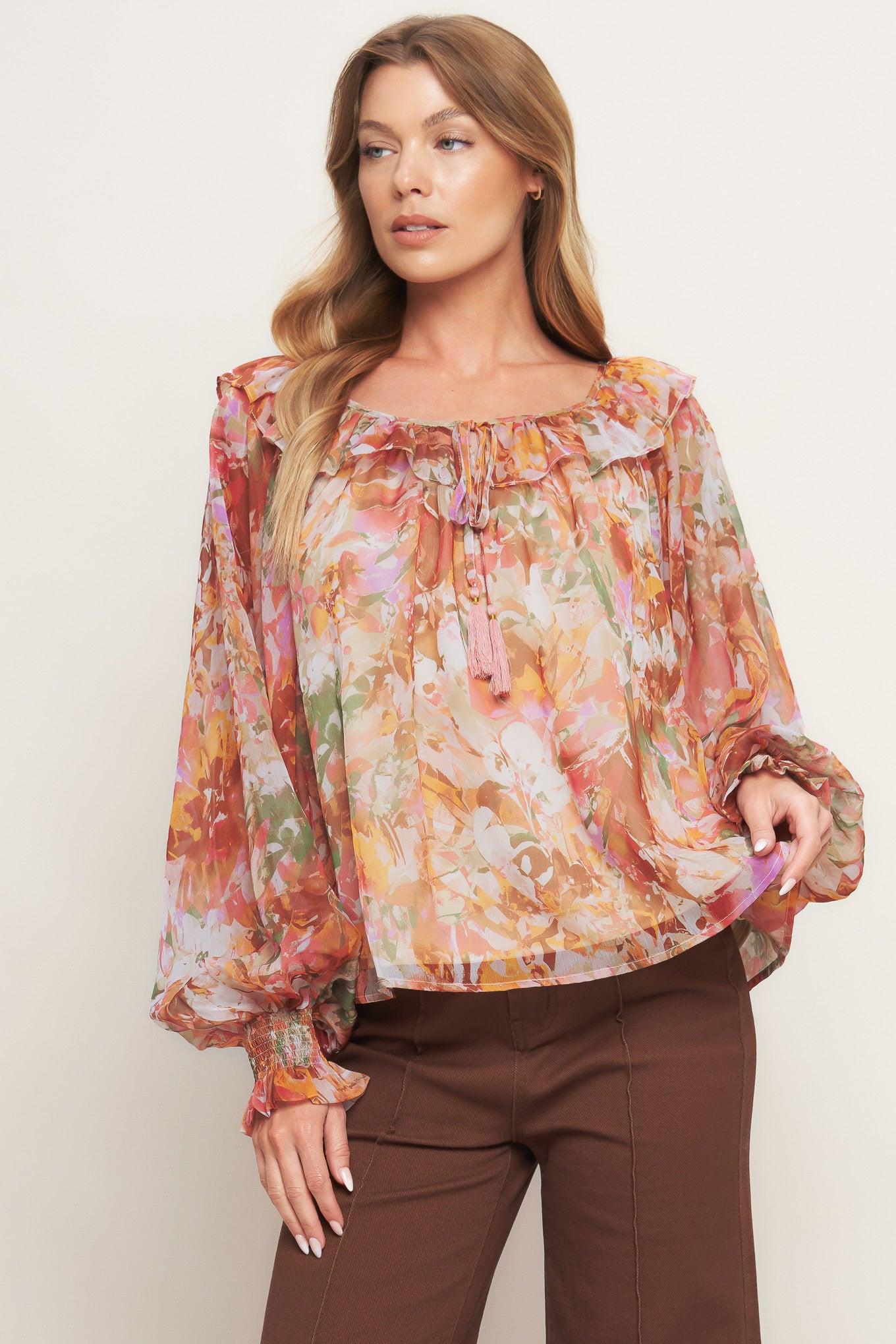 Soft Floral Rust Woven Top, view 1 — Soul Flow Apparel