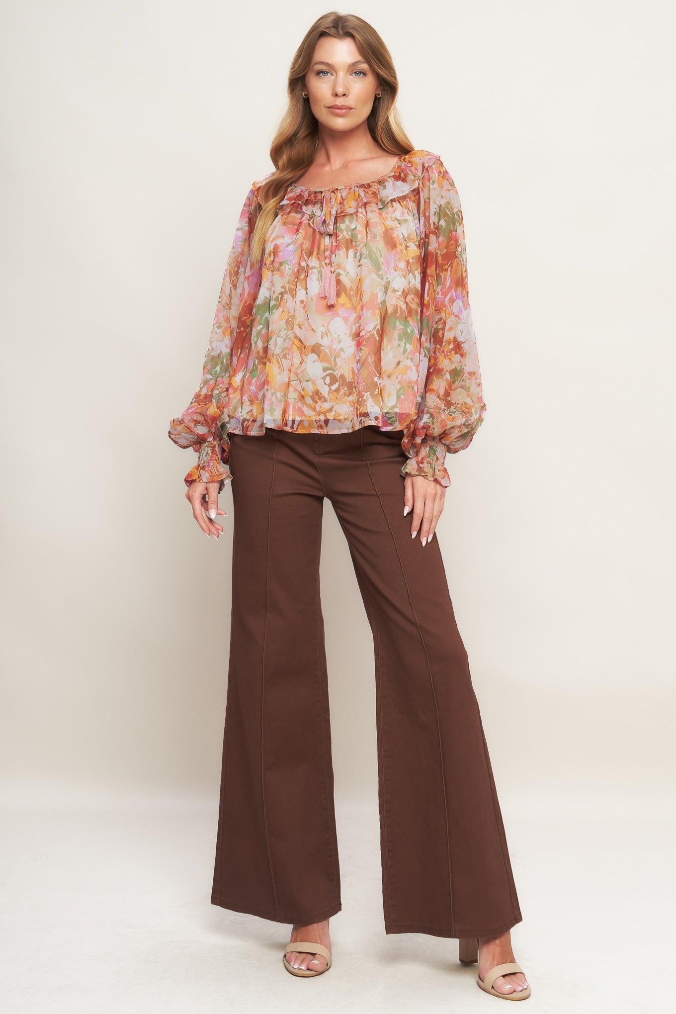Soft Floral Rust Woven Top, view 3 — Soul Flow Apparel