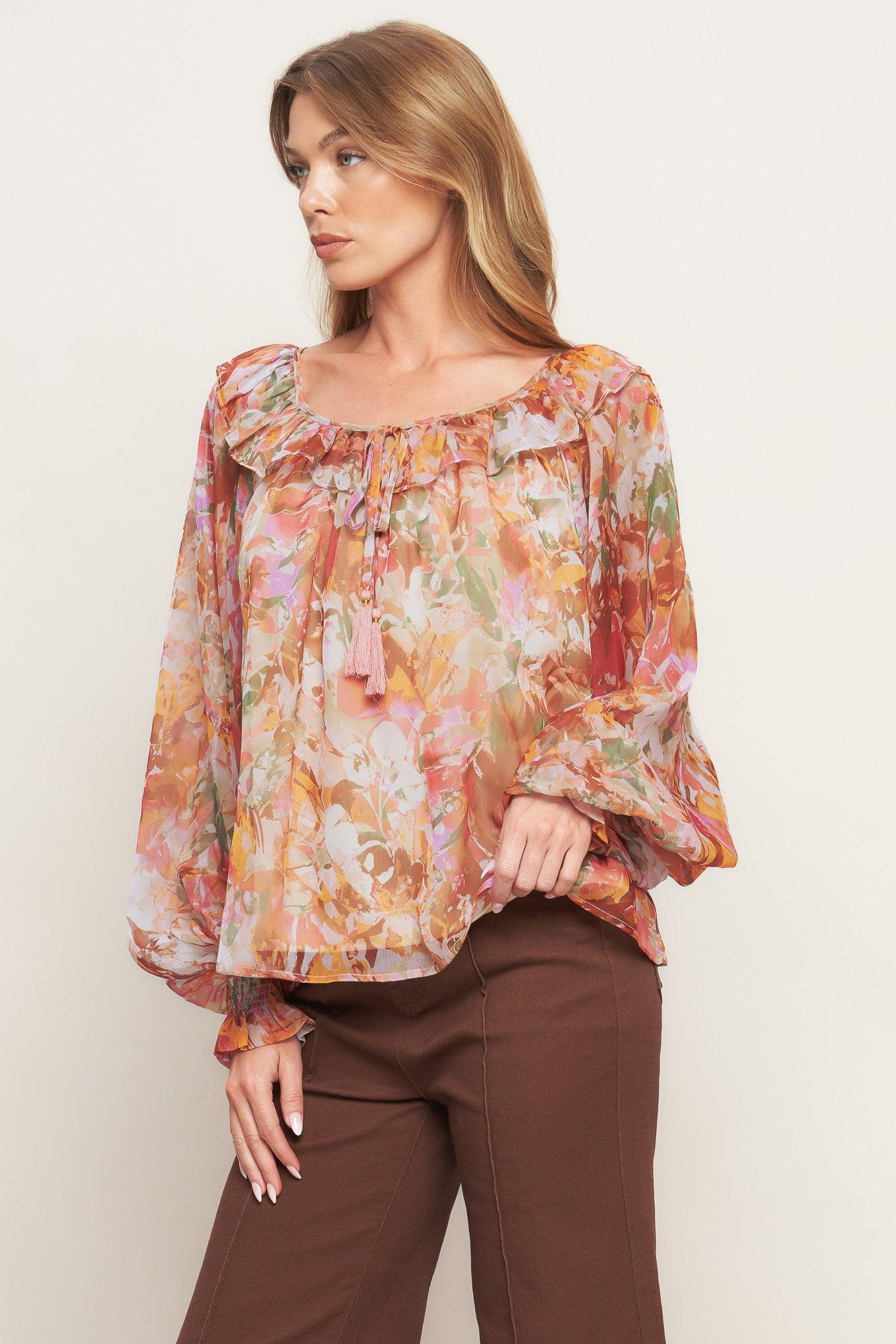 Soft Floral Rust Woven Top, view 5 — Soul Flow Apparel