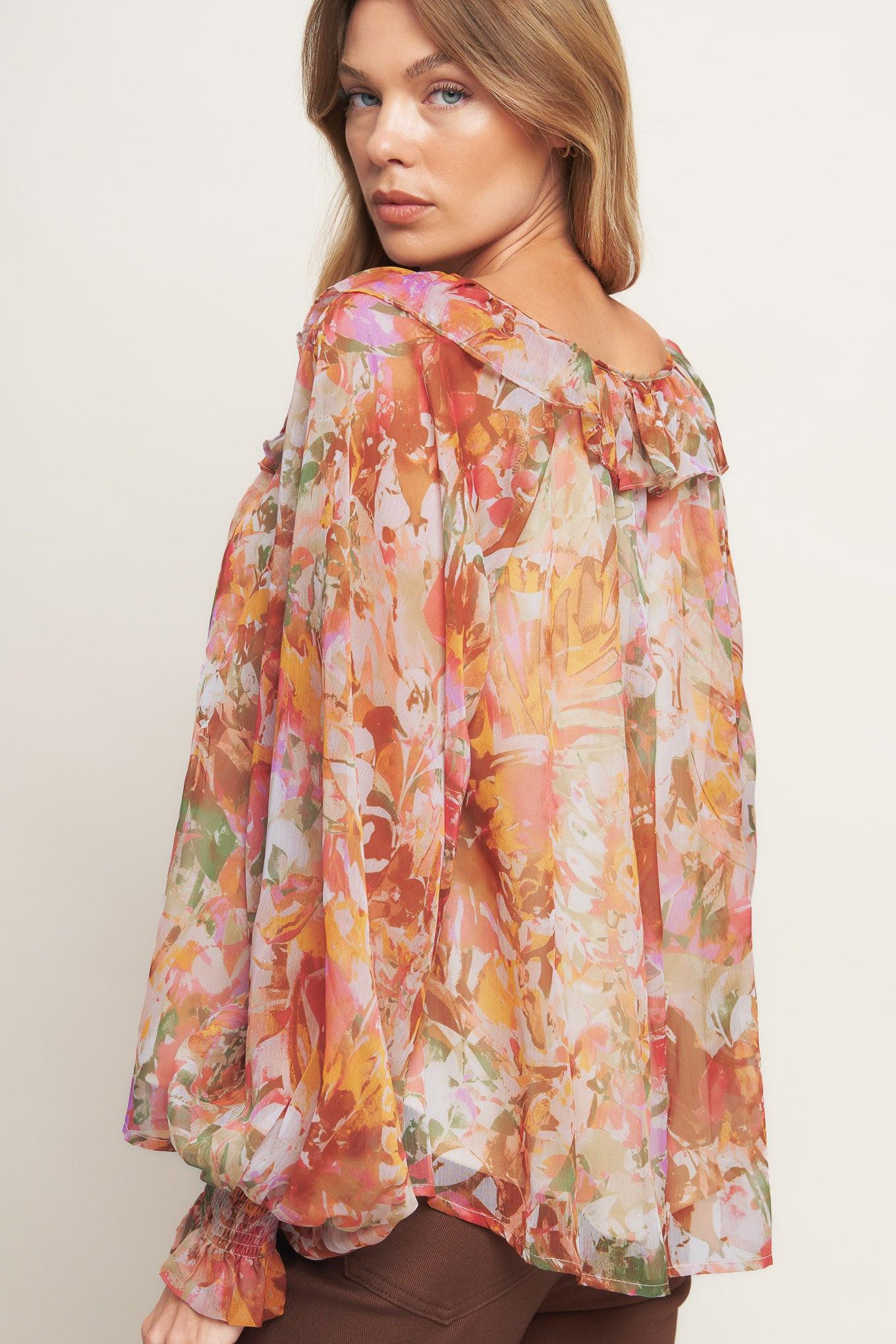 Soft Floral Rust Woven Top, view 6 — Soul Flow Apparel