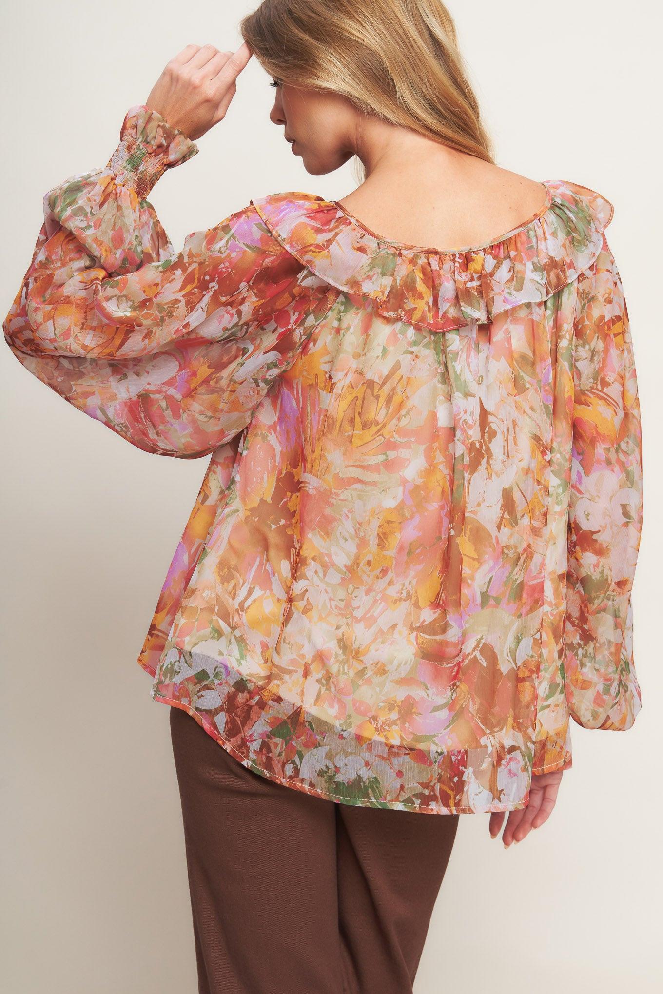 Soft Floral Rust Woven Top, view 7 — Soul Flow Apparel