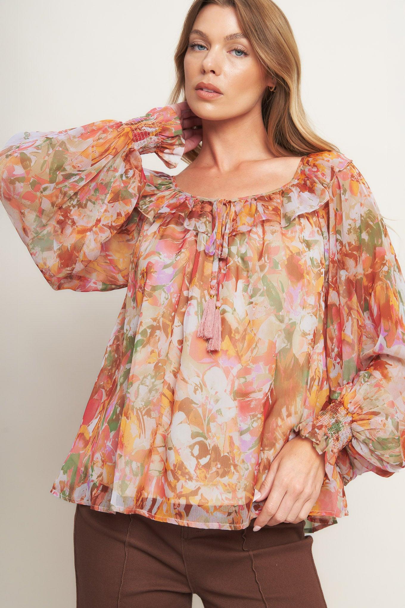 Soft Floral Rust Woven Top, view 8 — Soul Flow Apparel