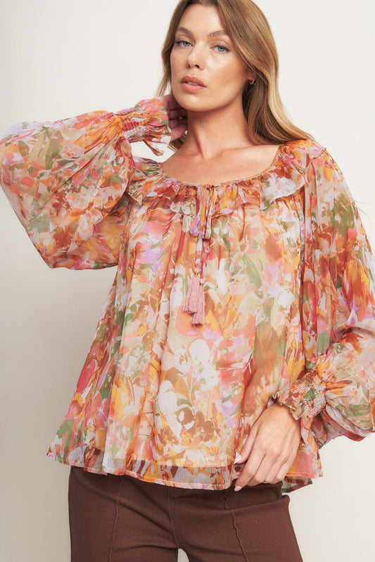 Soft Floral Rust Woven Top, view 8 — Soul Flow Apparel