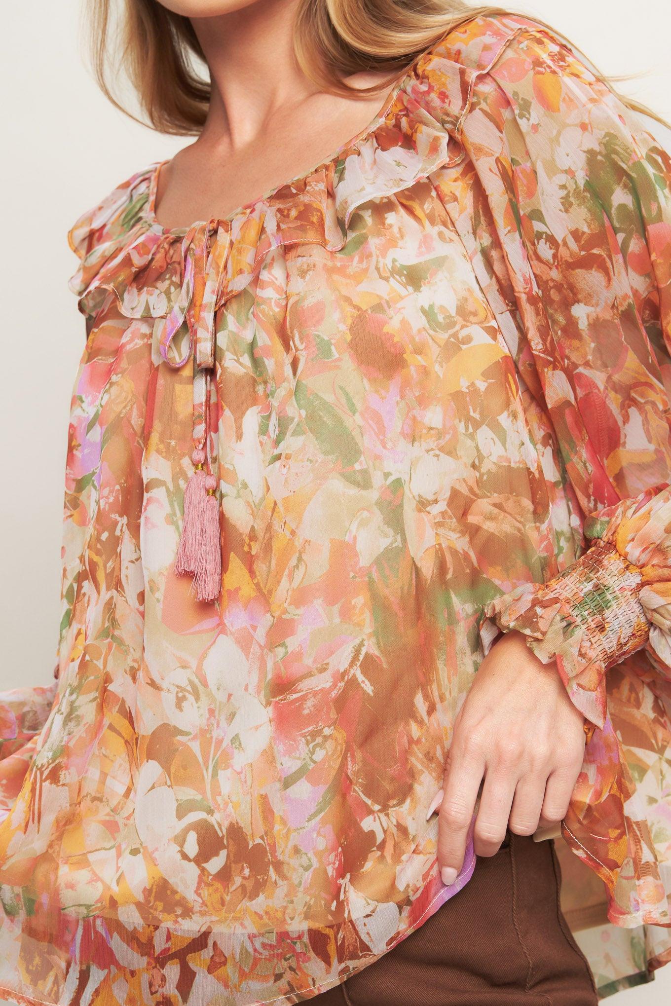 Soft Floral Rust Woven Top, view 9 — Soul Flow Apparel