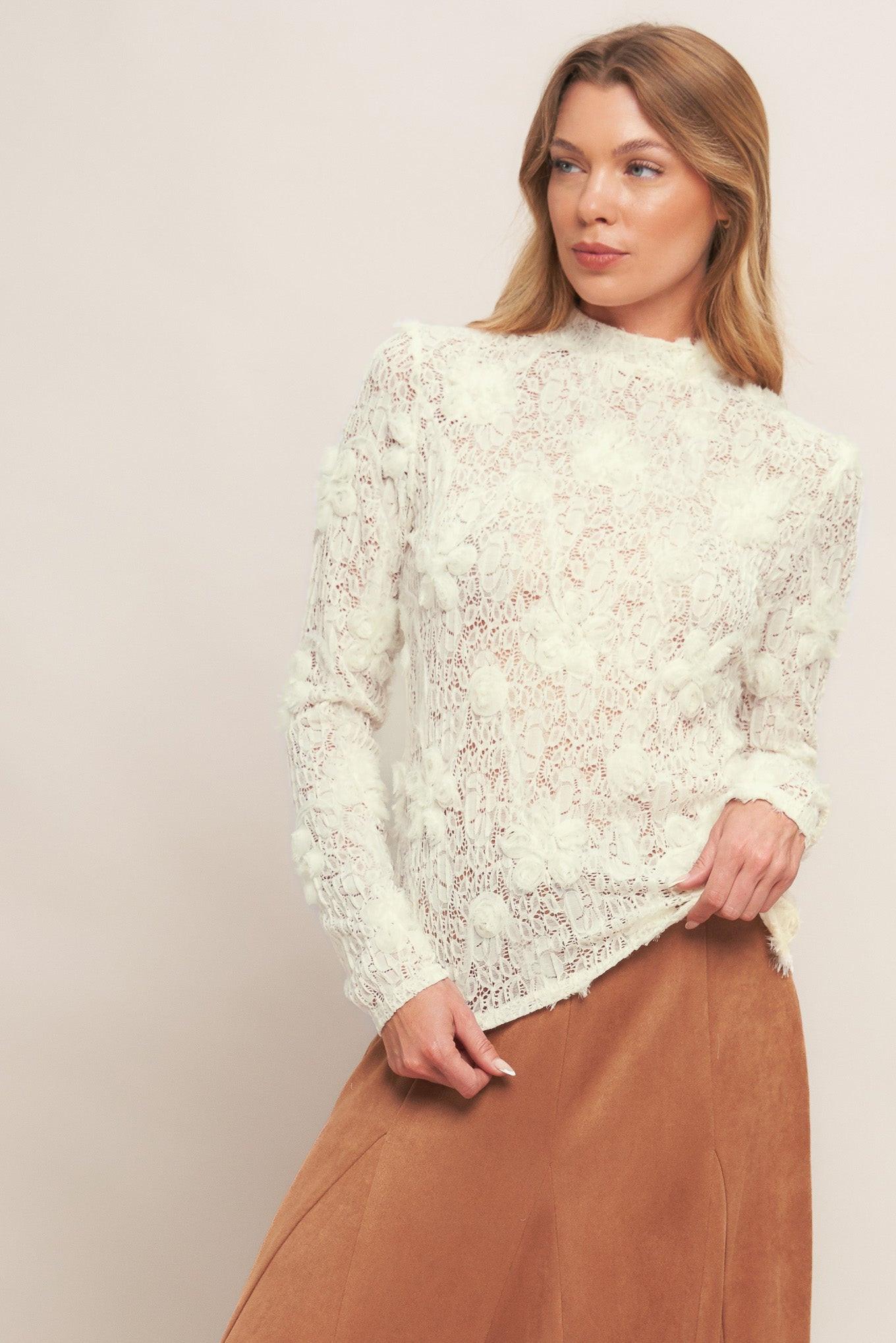 Romantic Sheer Floral Sweater Top in cream, view 2 — Soul Flow Apparel