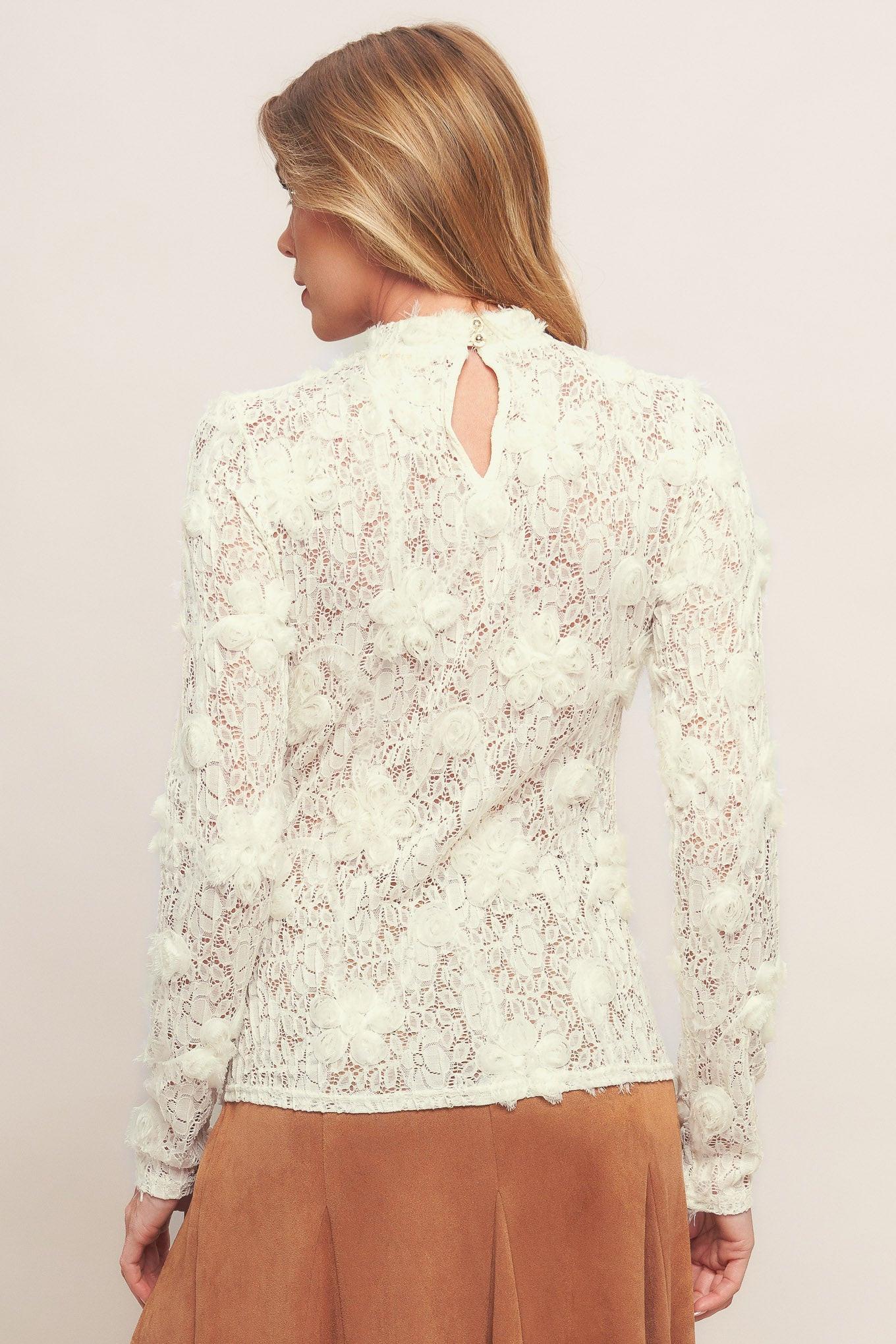 Romantic Sheer Floral Sweater Top in cream, view 3 — Soul Flow Apparel