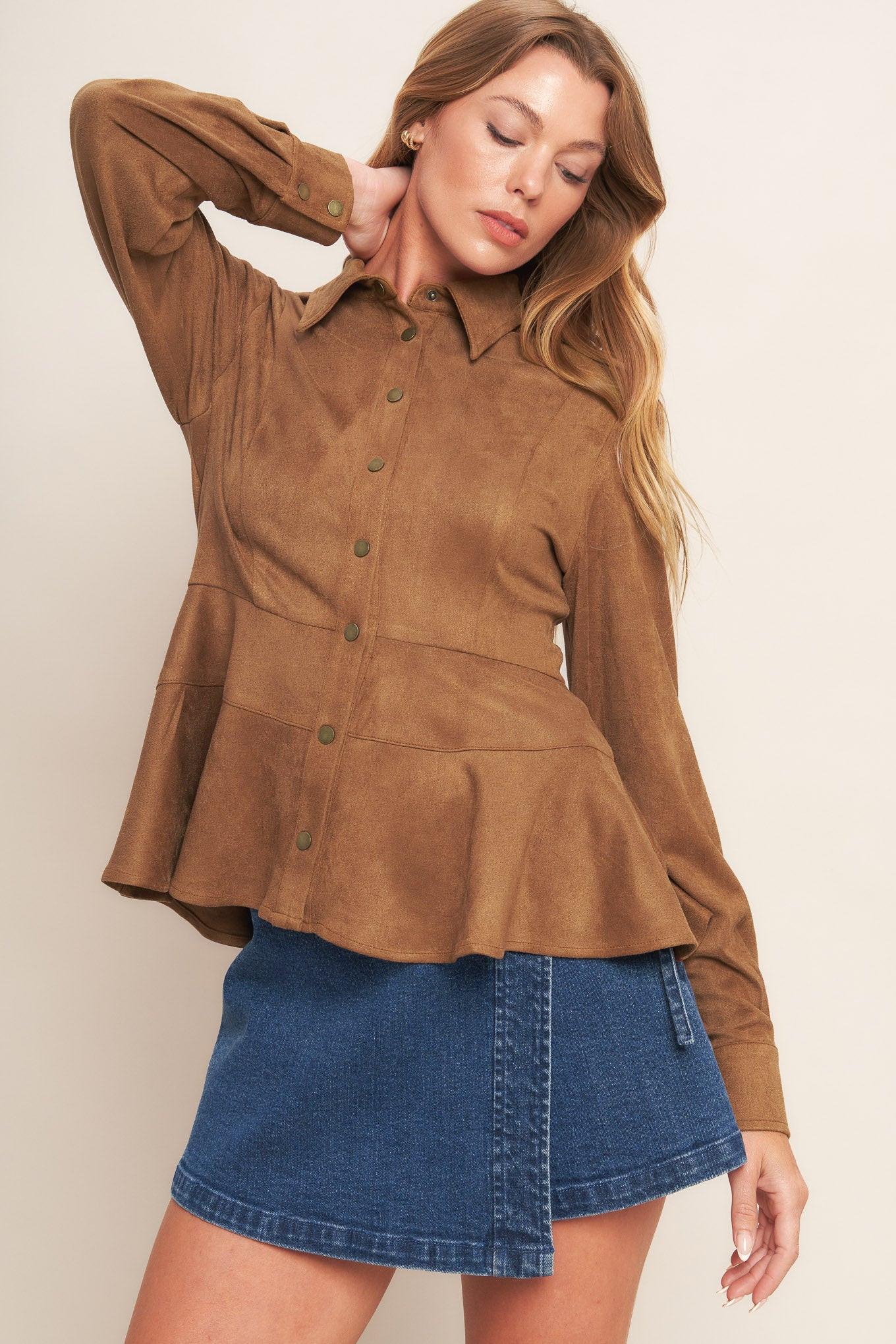 Refined Impression Faux Suede Top in caramel, view 2 — Soul Flow Apparel