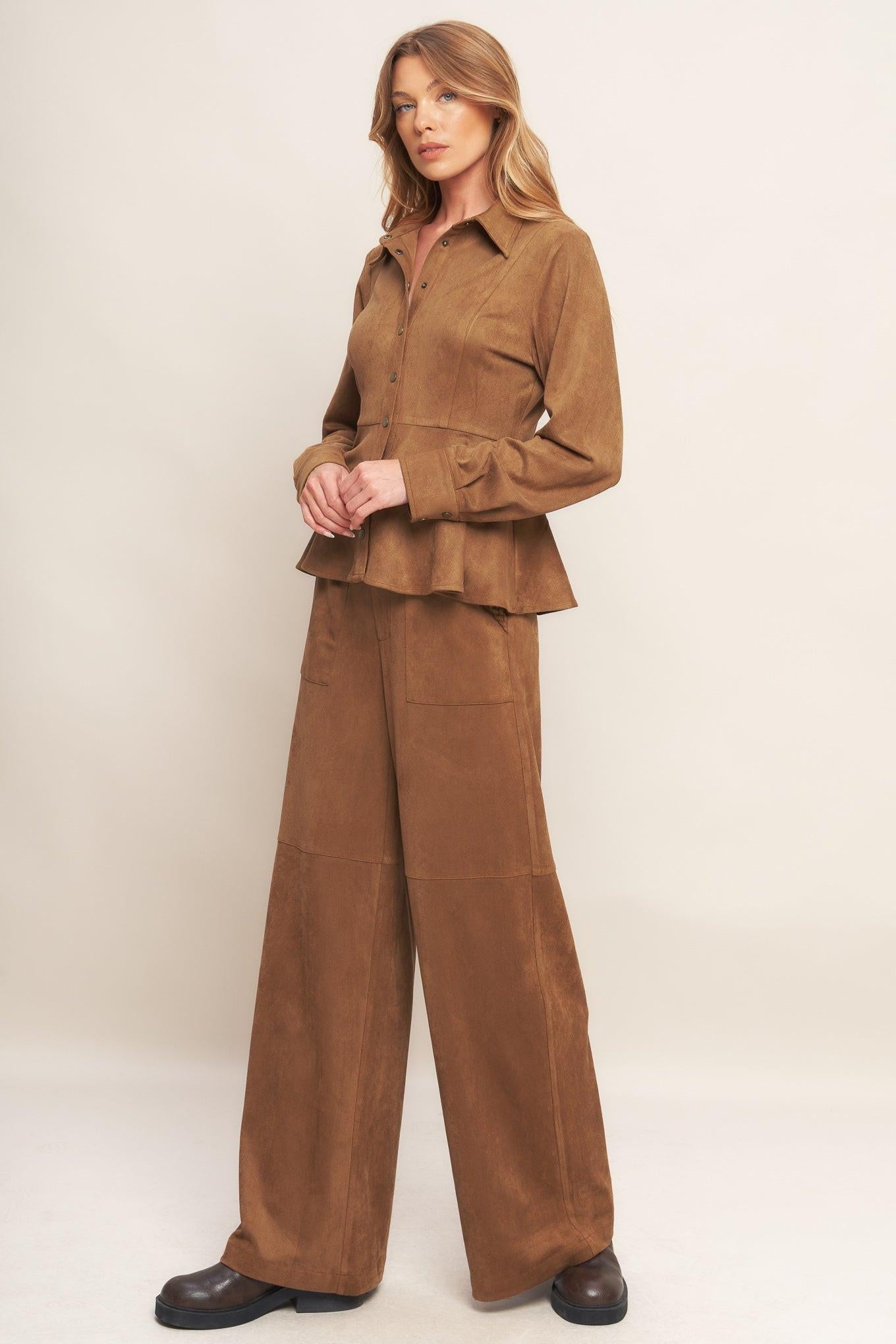 Refined Impression Faux Suede Top in caramel, view 3 — Soul Flow Apparel